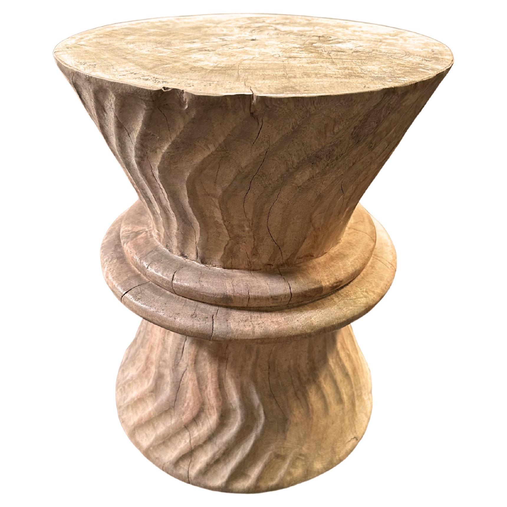 Sculptural Side Table Solid Mango Wood, Carved Detailing, Modern Organic For Sale