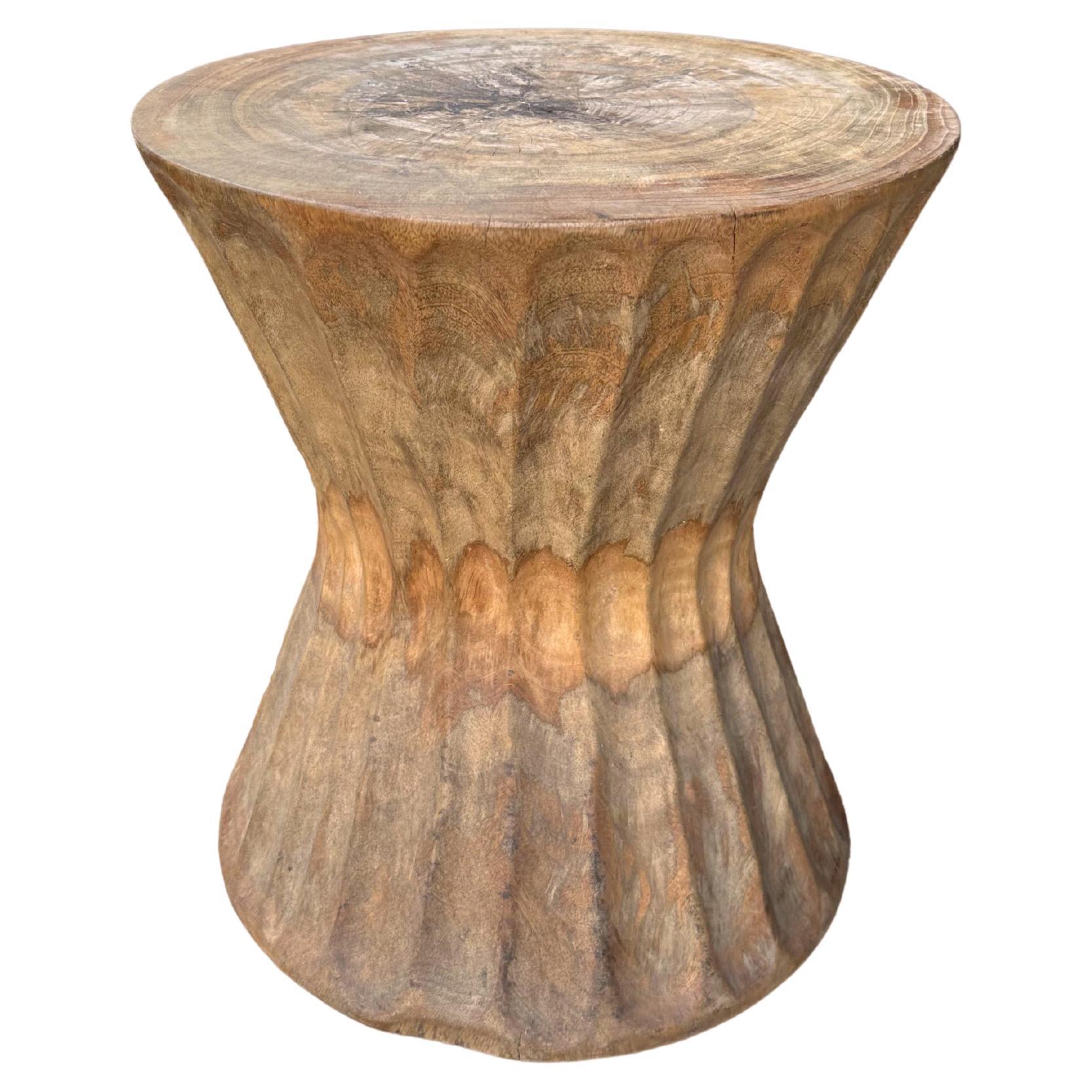 Sculptural Side Table Solid Mango Wood, Carved Detailing, Modern Organic For Sale