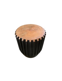Sculptural Side Table, Solid Mango Wood, Carved Ribbed Detailing & Burnt Finish
