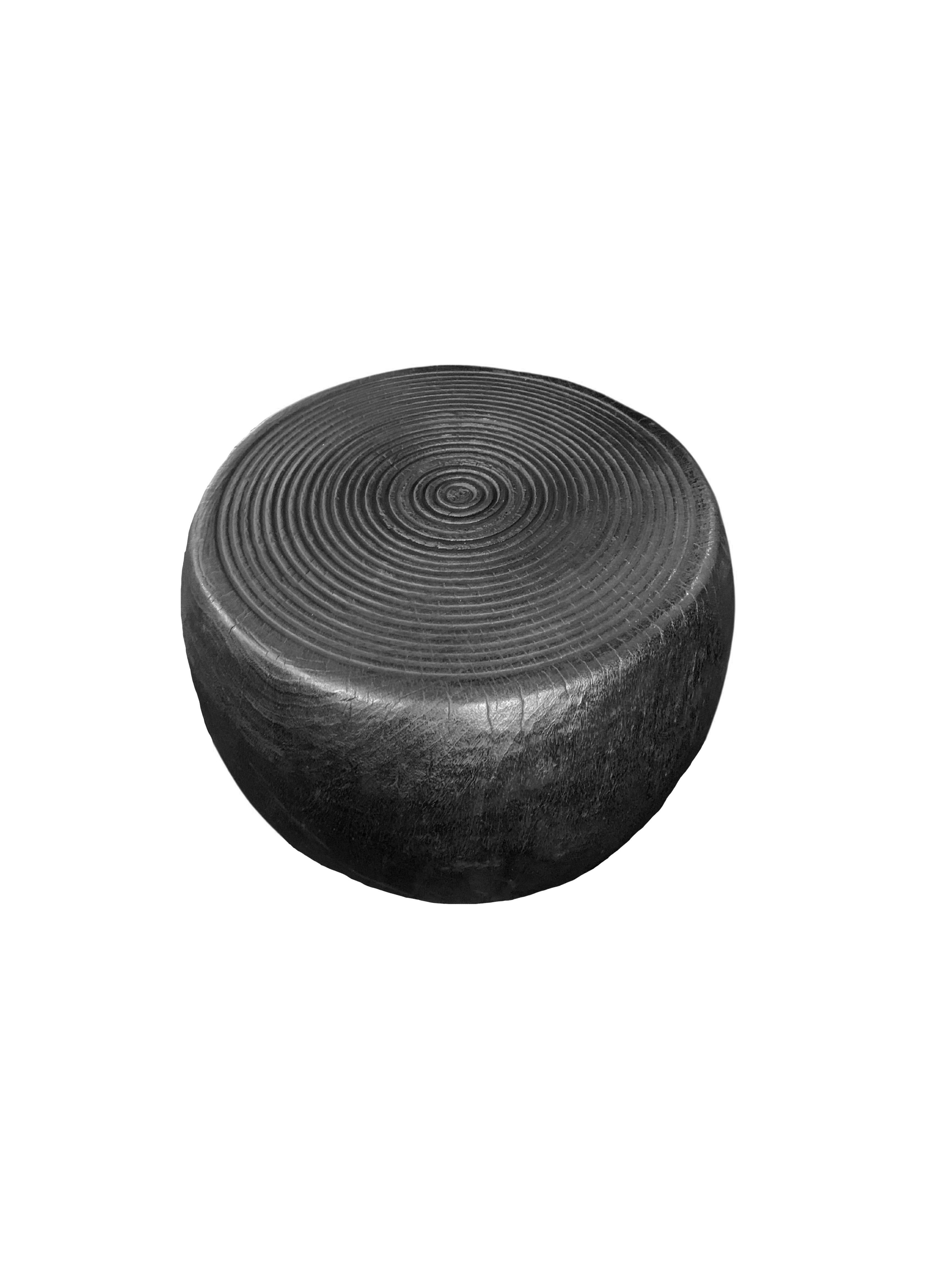 Organic Modern Sculptural Side Table Solid Mango Wood, Carved Ribbed Detailing & Burnt Finish For Sale