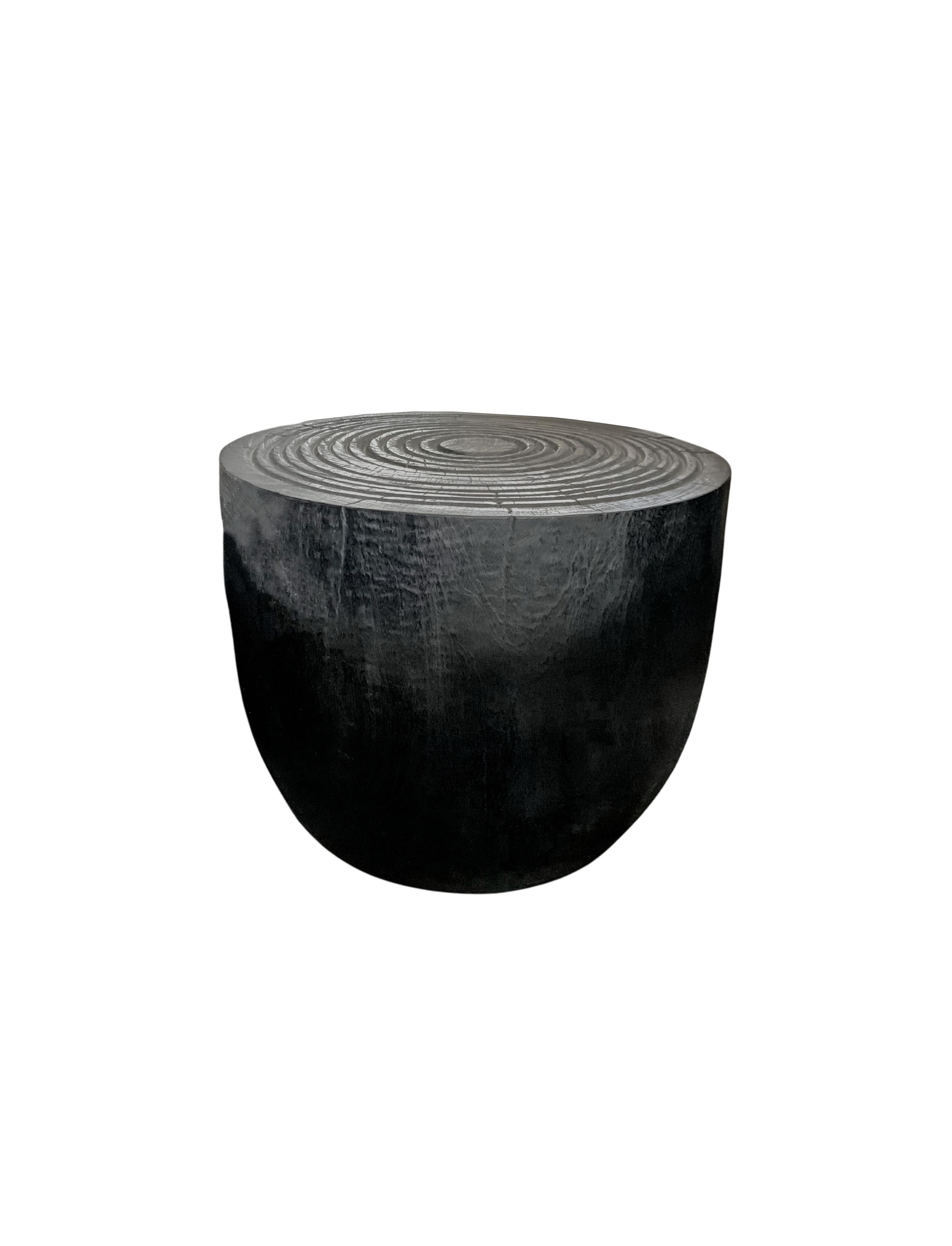 Organic Modern Sculptural Side Table Solid Mango Wood, Carved Ribbed Detailing & Burnt Finish For Sale