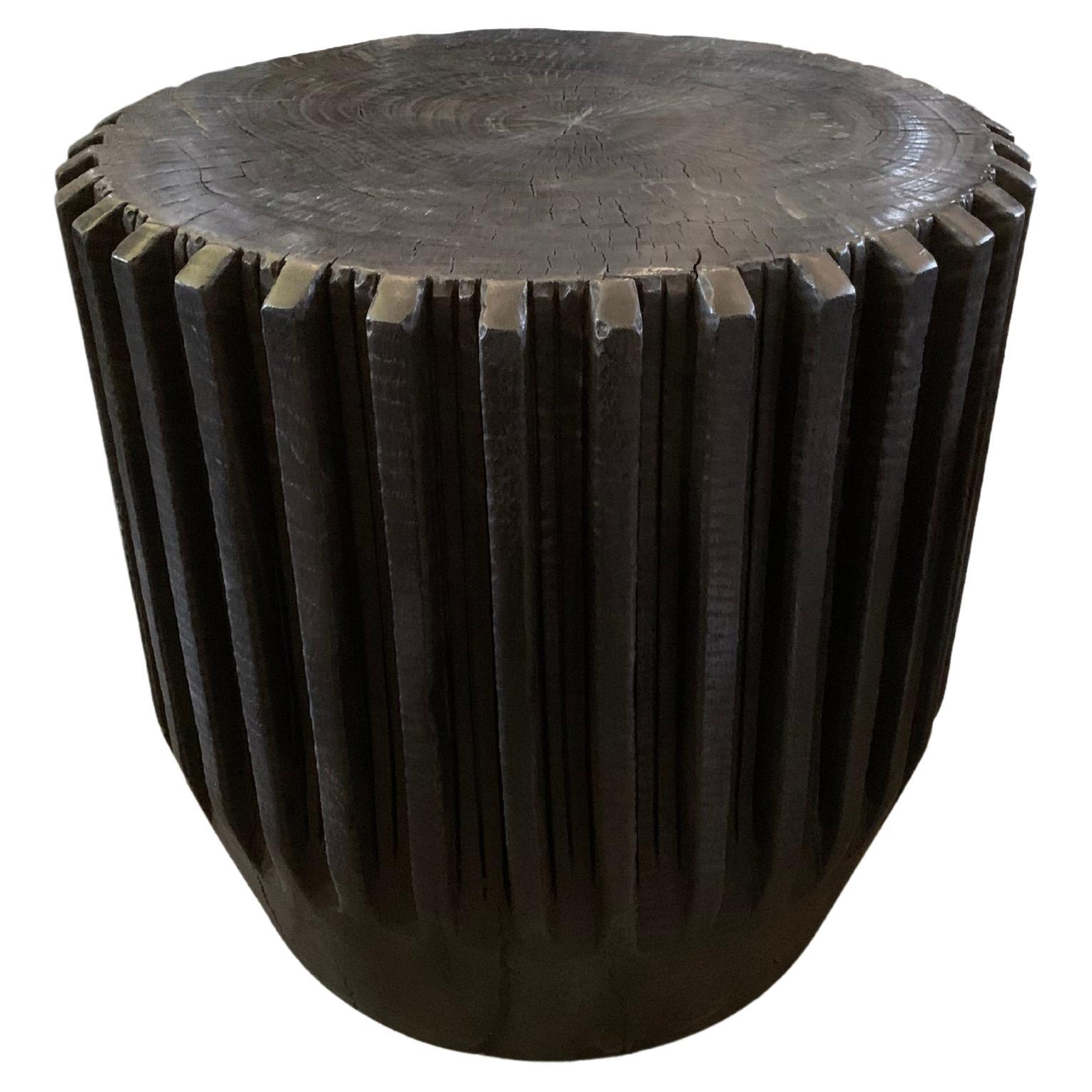 Sculptural Side Table, Solid Mango Wood, Carved Ribbed Detailing & Burnt Finish