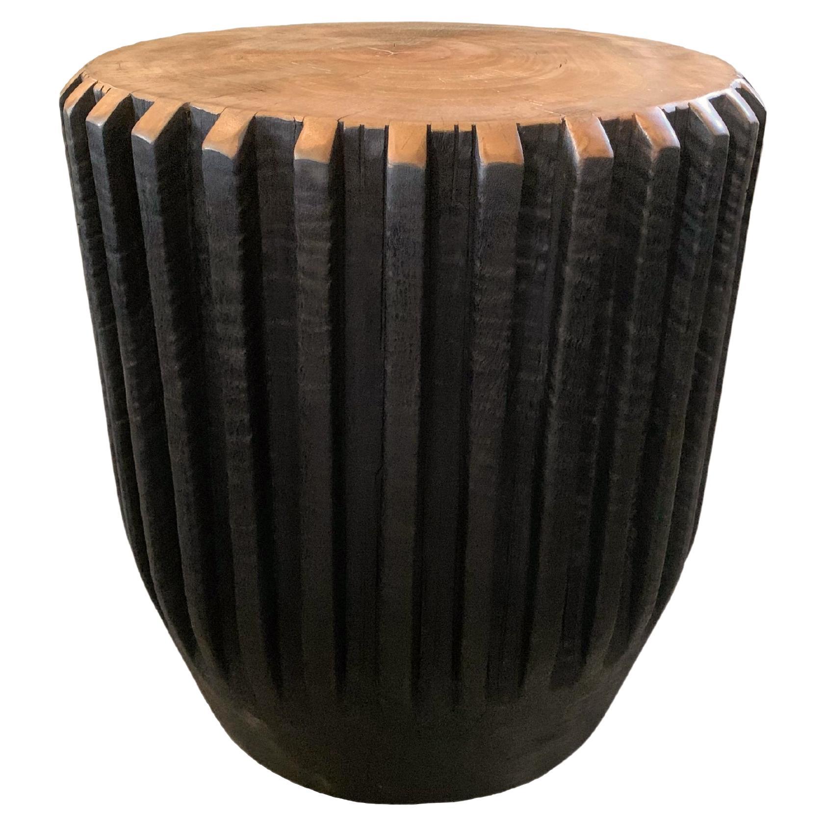 Sculptural Side Table, Solid Mango Wood, Carved Ribbed Detailing & Burnt Finish For Sale