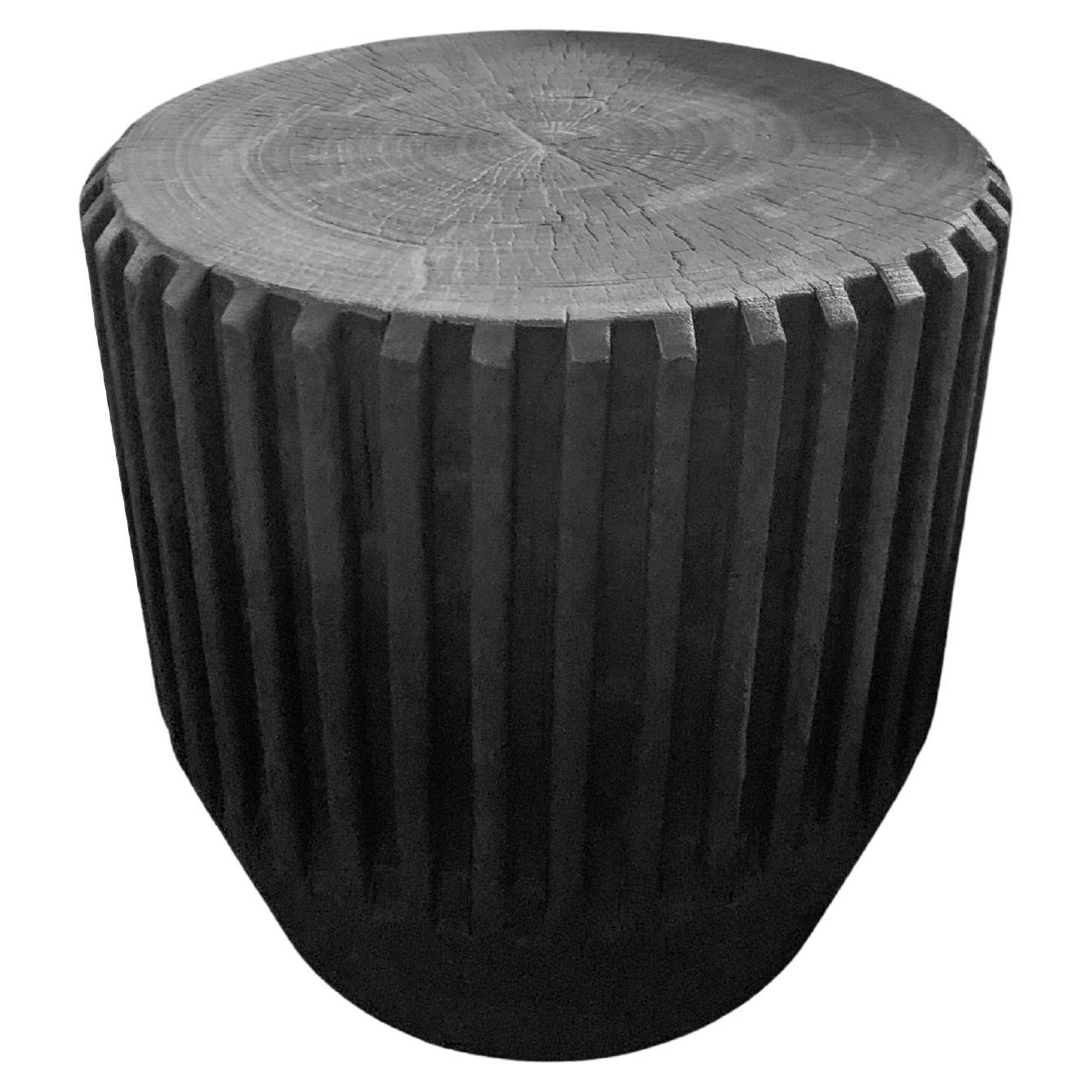 Sculptural Side Table, Solid Mango Wood, Carved Ribbed Detailing & Burnt Finish