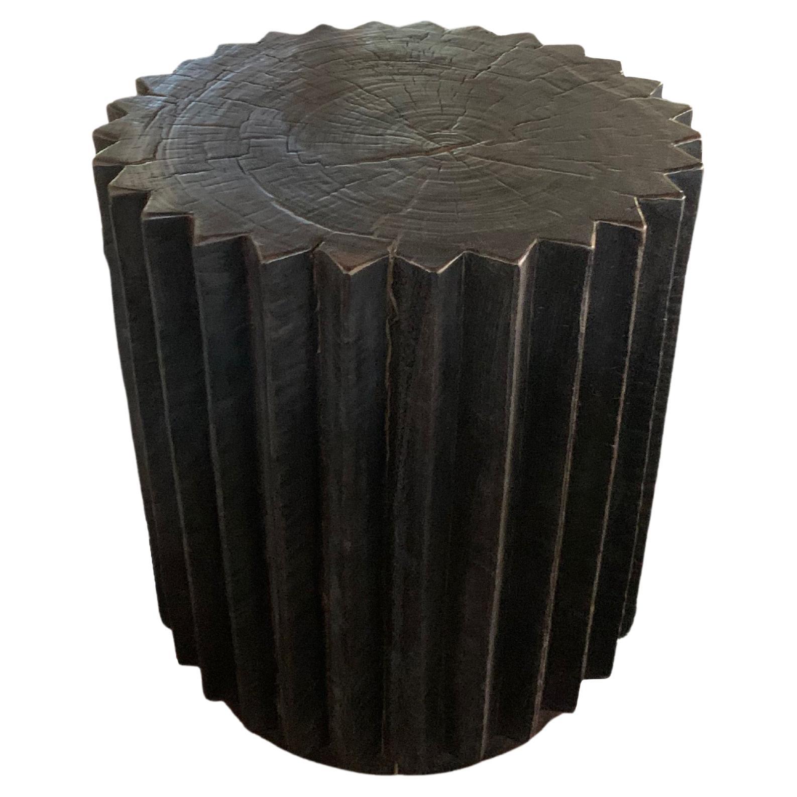 Sculptural Side Table, Solid Mango Wood, Carved Ribbed Detailing & Burnt Finish