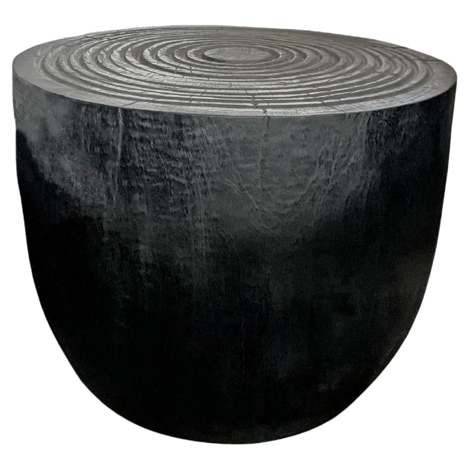 Sculptural Side Table Solid Mango Wood, Carved Ribbed Detailing & Burnt Finish
