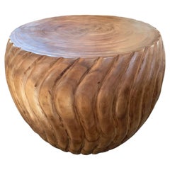 Sculptural Side Table Solid Mango Wood, Carved Ribbed Detailing