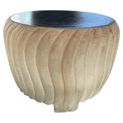 Sculptural Side Table Solid Mango Wood, Carved Ribbed Detailing