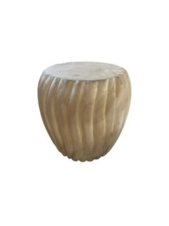 Sculptural Side Table Solid Mango Wood, Carved Ribbed Detailing Modern Organic
