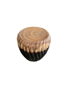 Sculptural Side Table Solid Mango Wood, Carved Ribbed Detailing Modern Organic