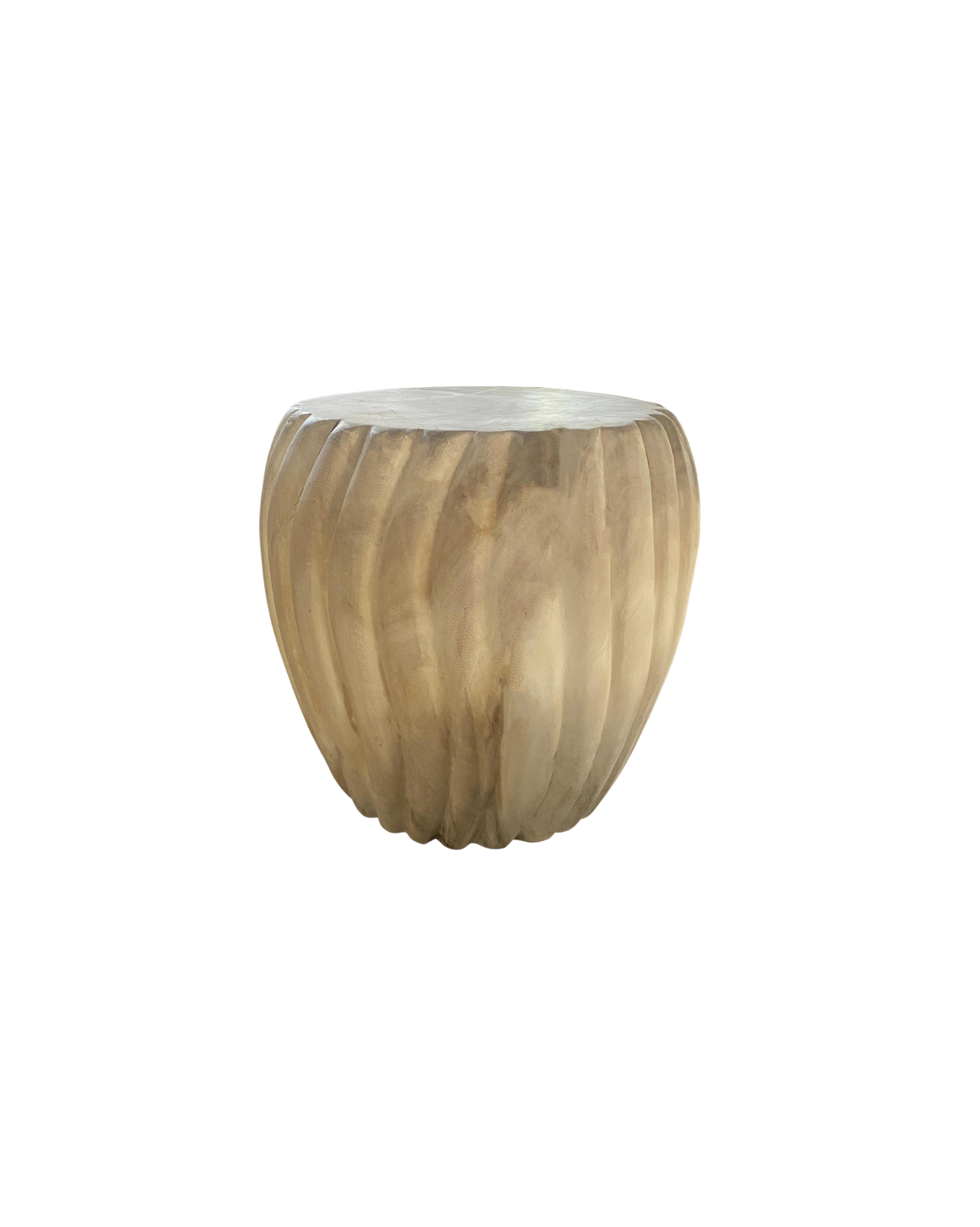 Indonesian Sculptural Side Table Solid Mango Wood, Carved Ribbed Detailing Modern Organic For Sale