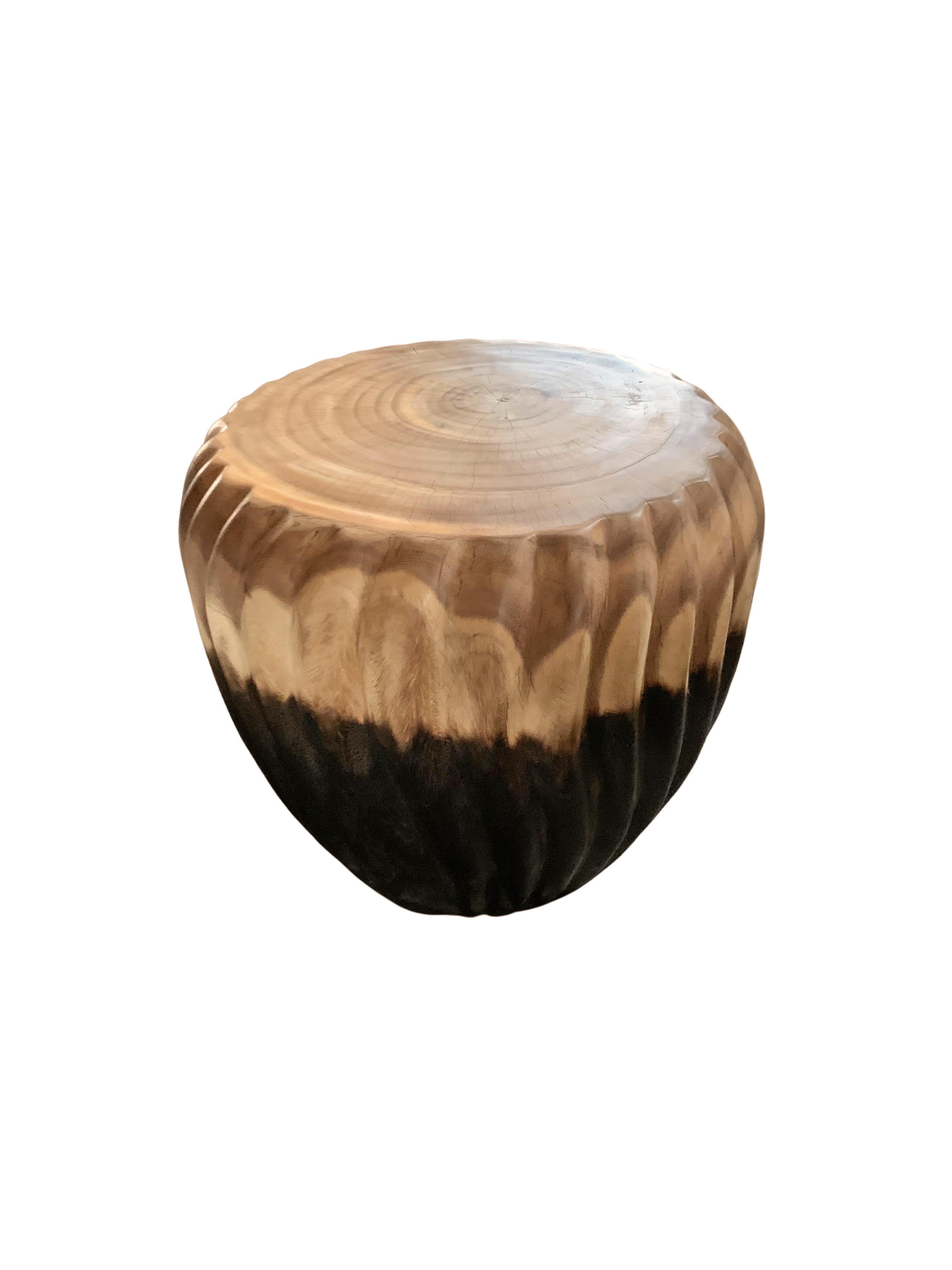 Indonesian Sculptural Side Table Solid Mango Wood, Carved Ribbed Detailing Modern Organic For Sale