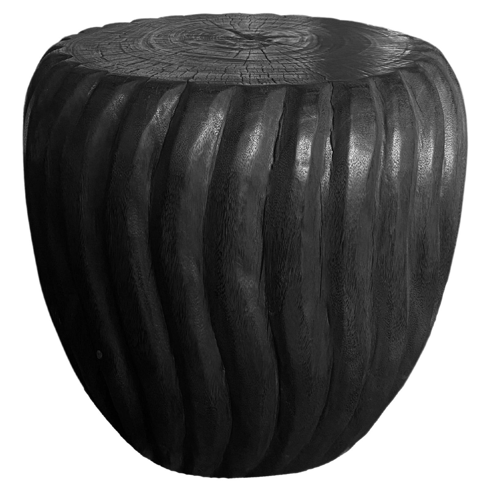 Sculptural Side Table Solid Mango Wood, Carved Ribbed Detailing Modern Organic