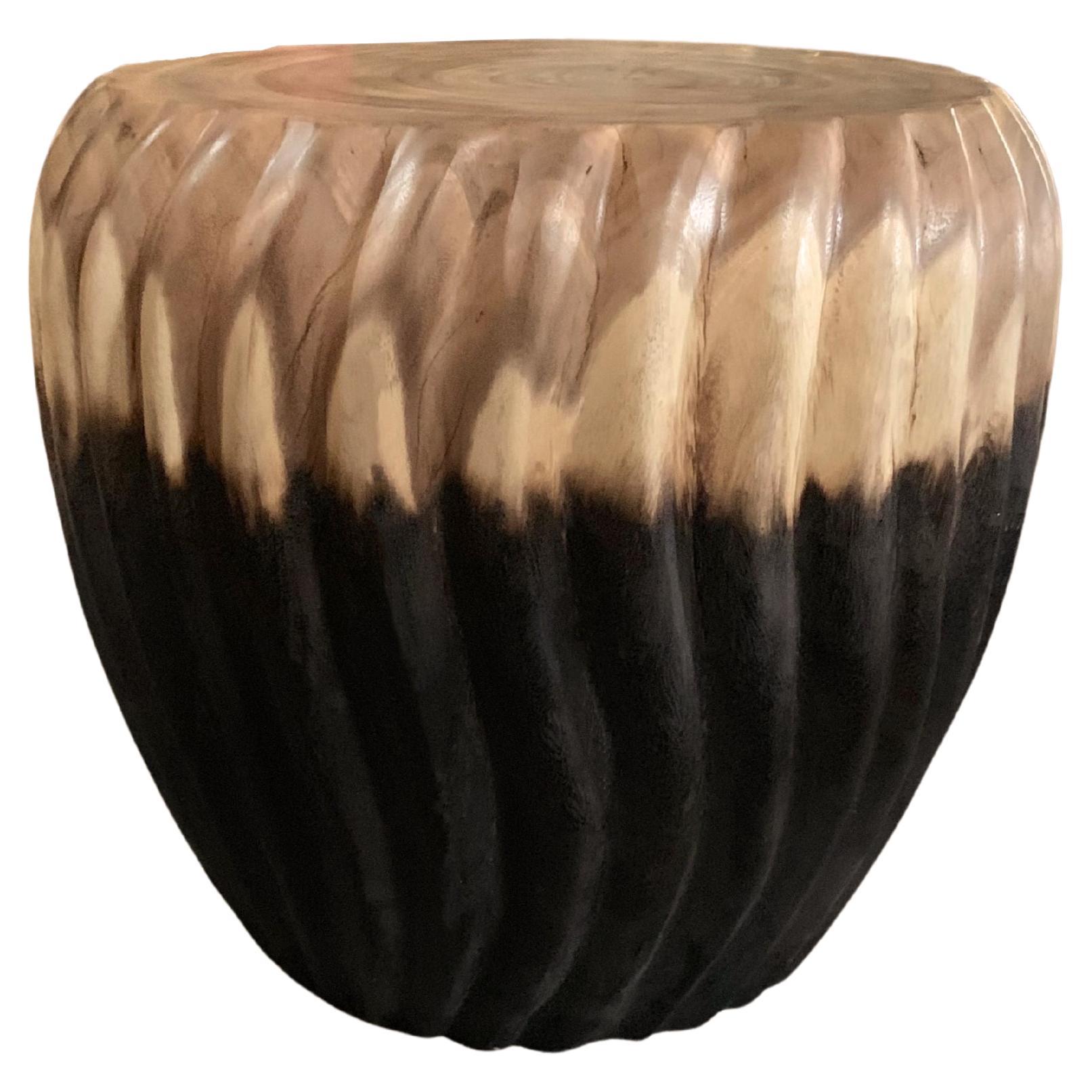 Sculptural Side Table Solid Mango Wood, Carved Ribbed Detailing Modern Organic For Sale