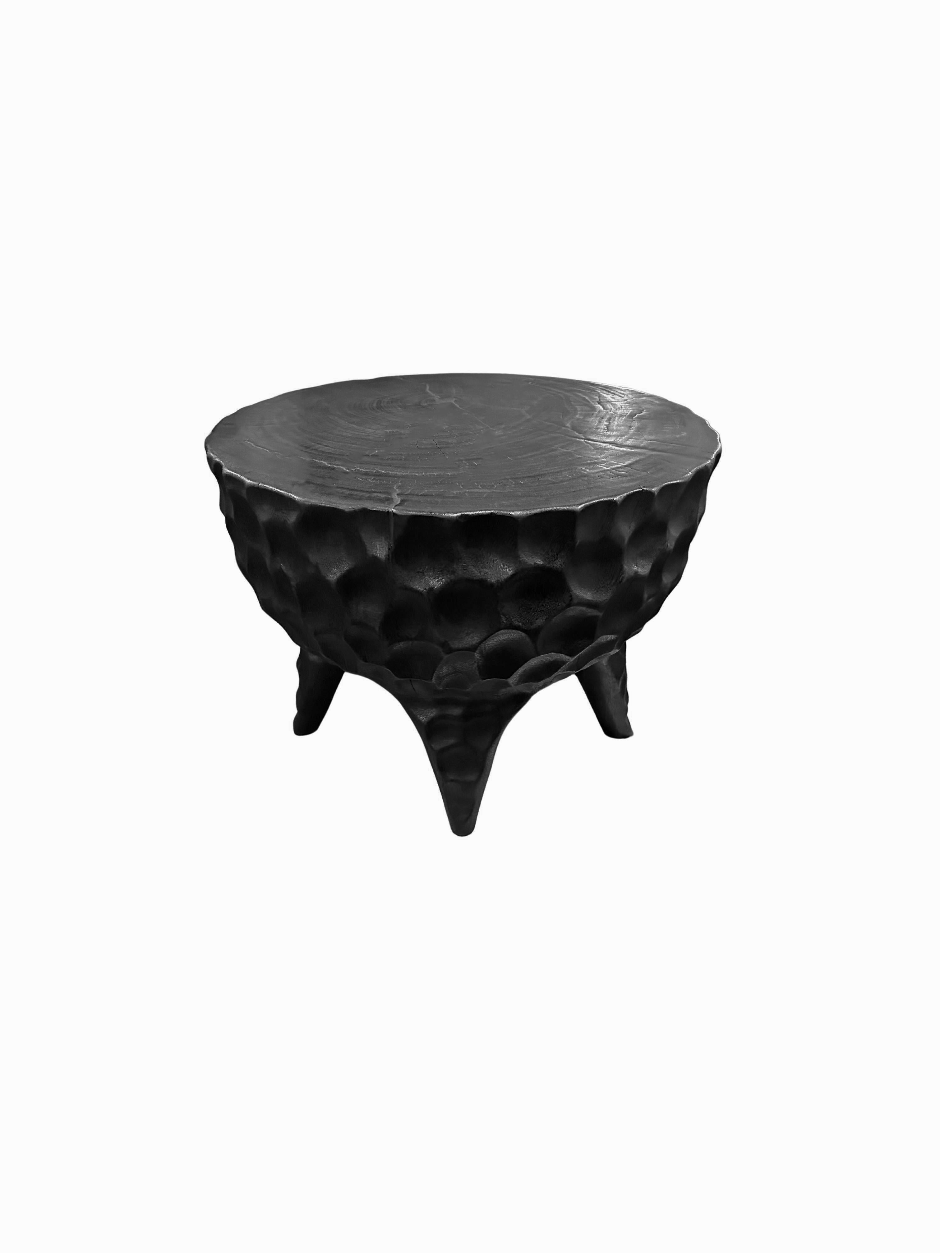 Indonesian Sculptural Side Table Solid Mango Wood, Hand-Hewn Detailing, Modern Organic For Sale