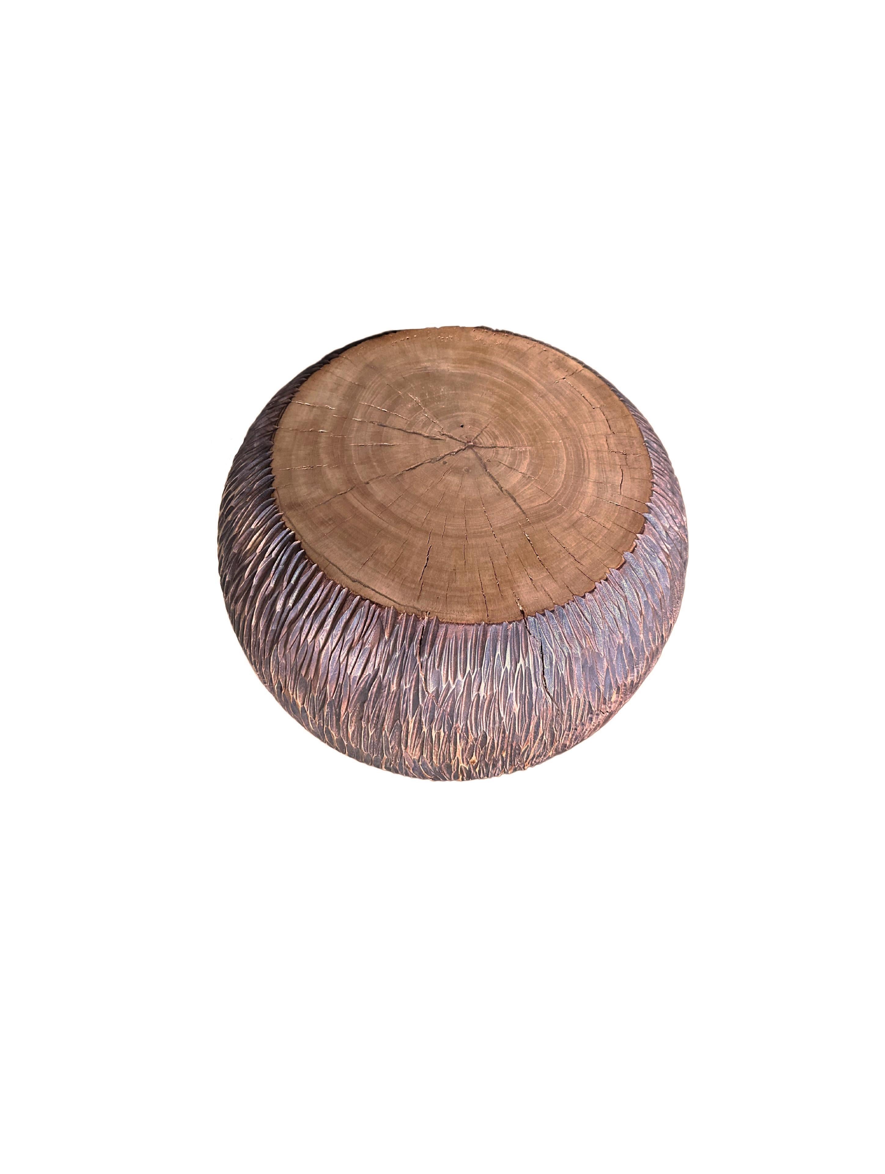 Hand-Crafted Sculptural Side Table Solid Mango Wood, Hand-Hewn Detailing, Modern Organic For Sale