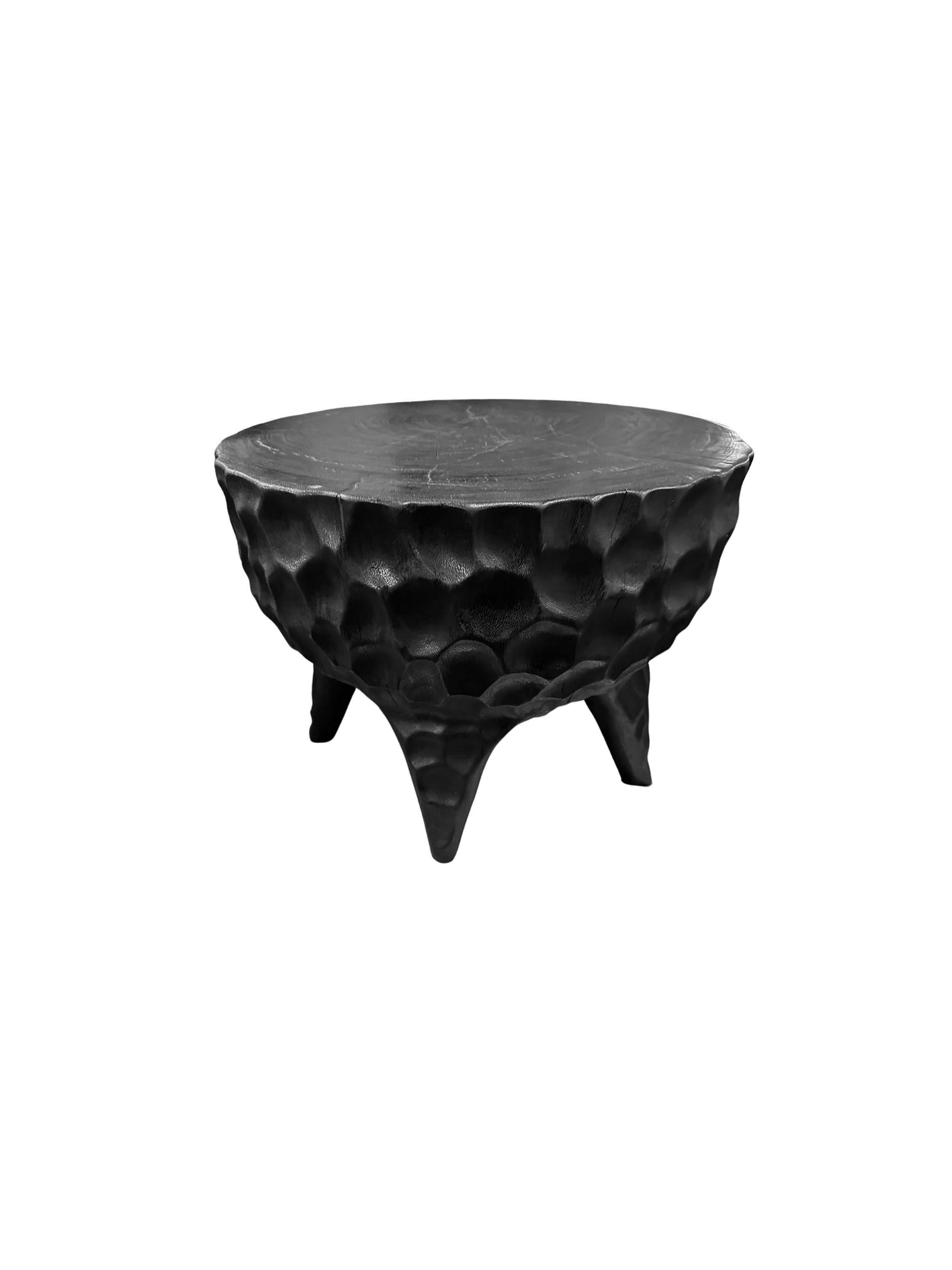 Hand-Crafted Sculptural Side Table Solid Mango Wood, Hand-Hewn Detailing, Modern Organic For Sale