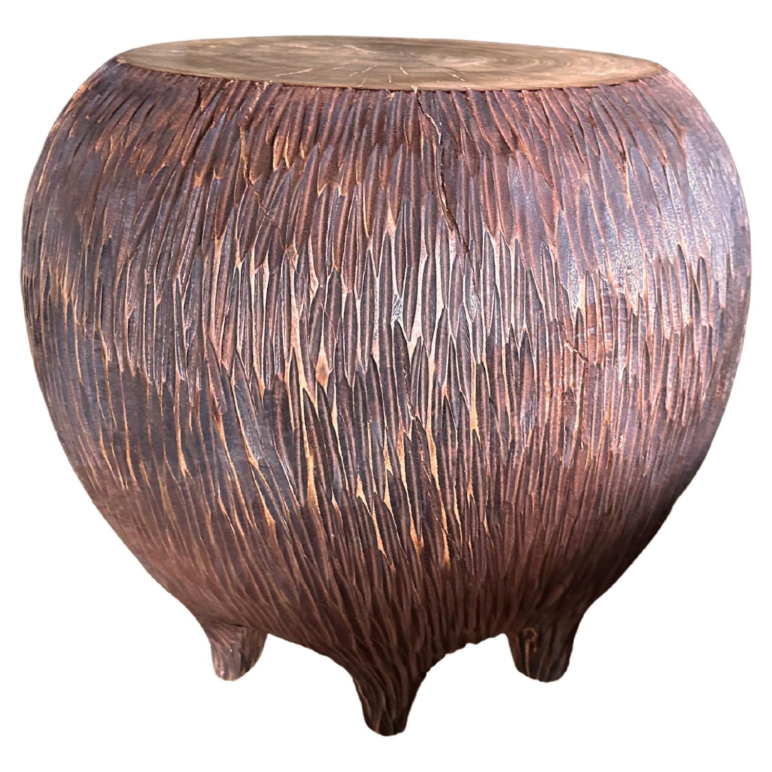 Sculptural Side Table Solid Mango Wood, Hand-Hewn Detailing, Modern Organic For Sale