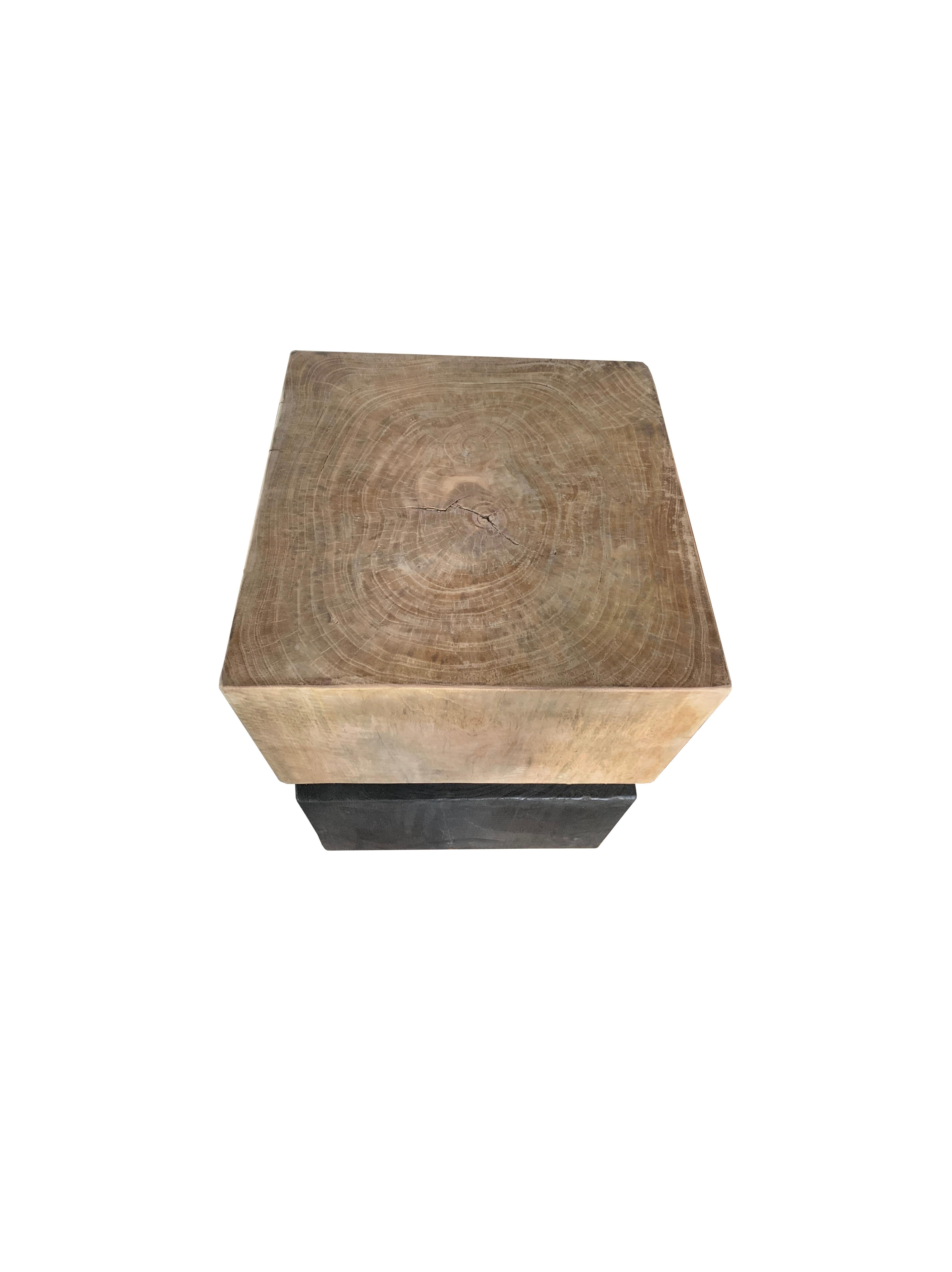 Organic Modern Sculptural Side Table Solid Mango Wood with Burnt & Natural Finish For Sale