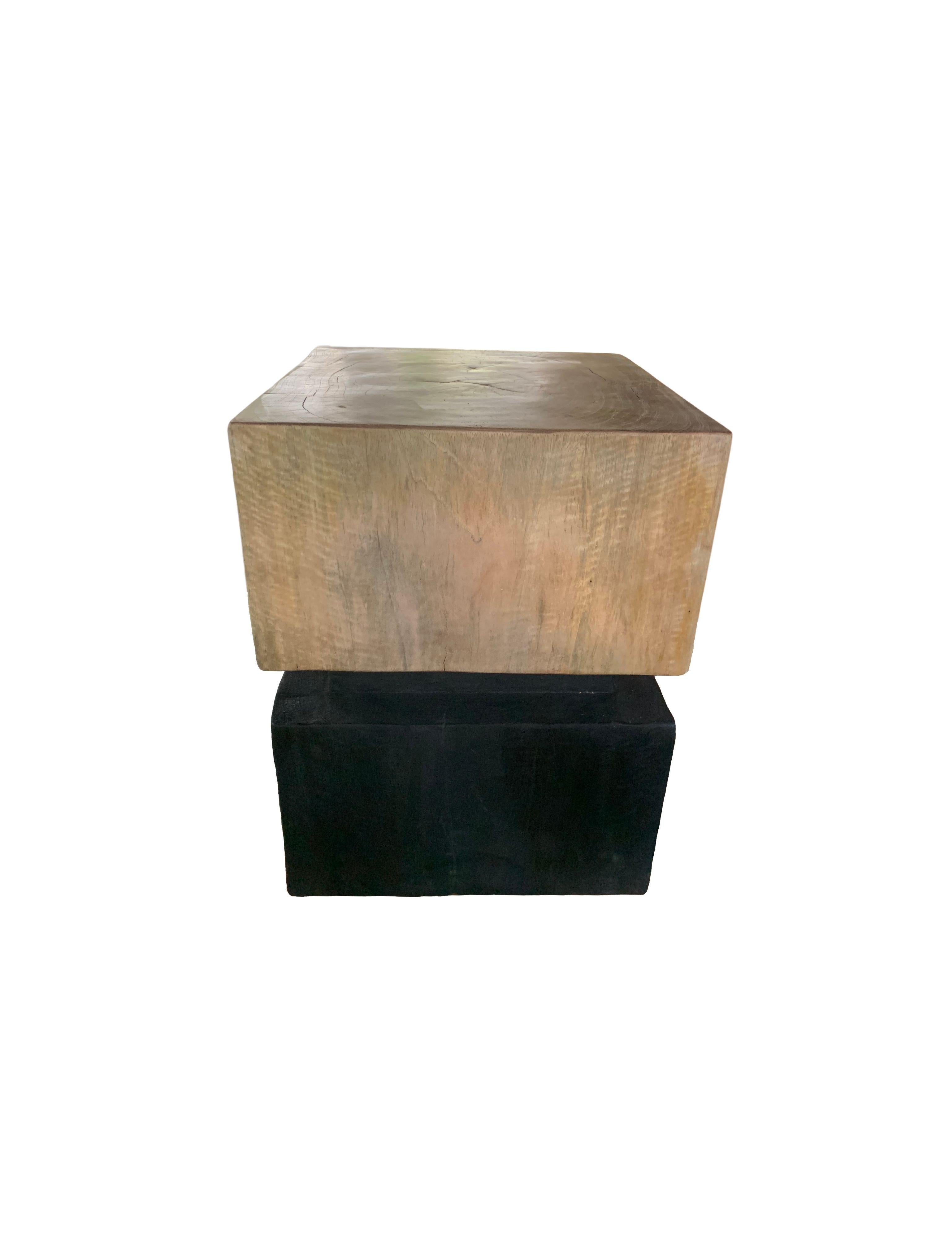 Indonesian Sculptural Side Table Solid Mango Wood with Burnt & Natural Finish For Sale