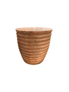 Sculptural Side Table Solid Mango Wood with Ribbed Detailing