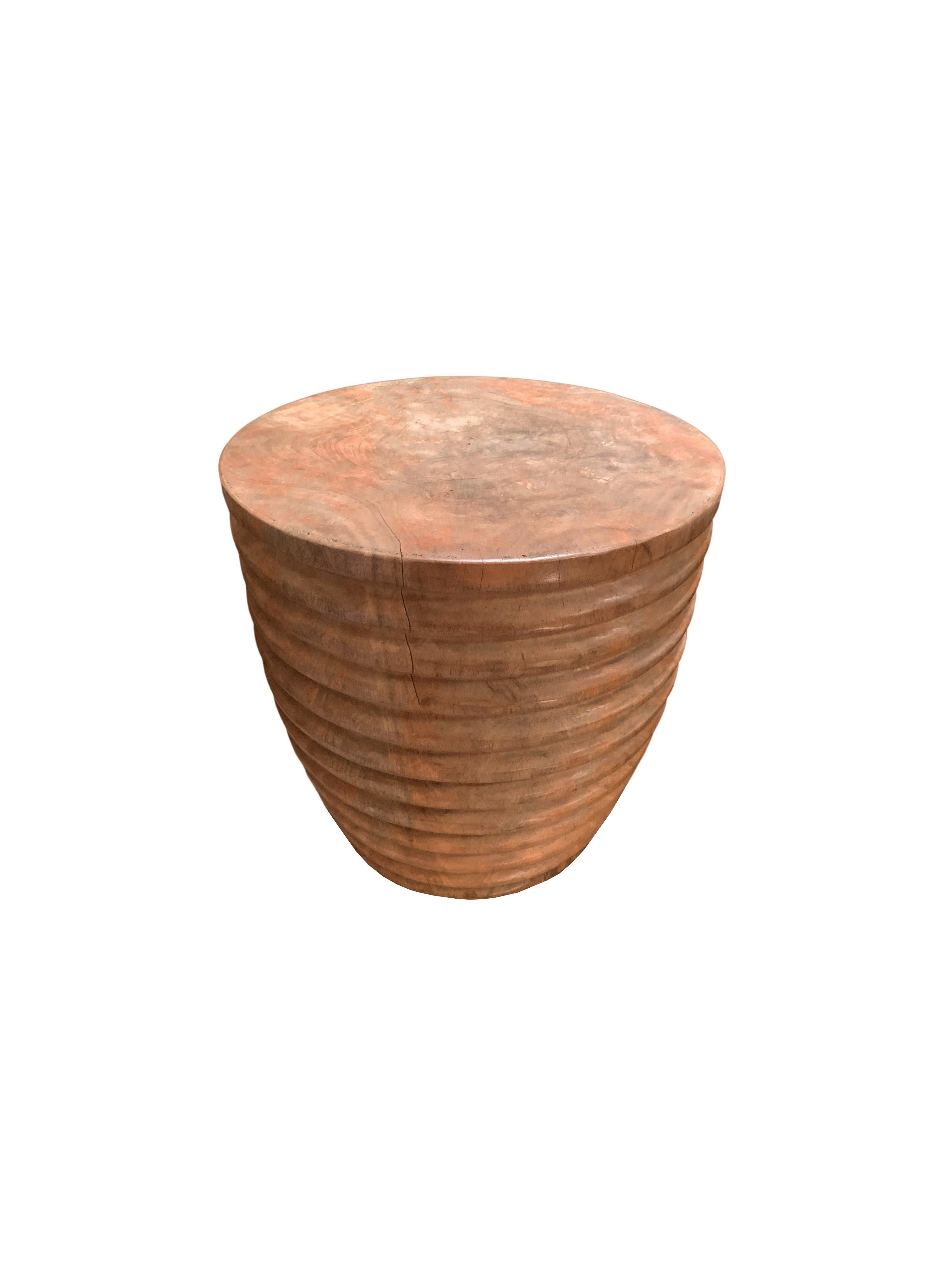 Organic Modern Sculptural Side Table Solid Mango Wood with Ribbed Detailing For Sale