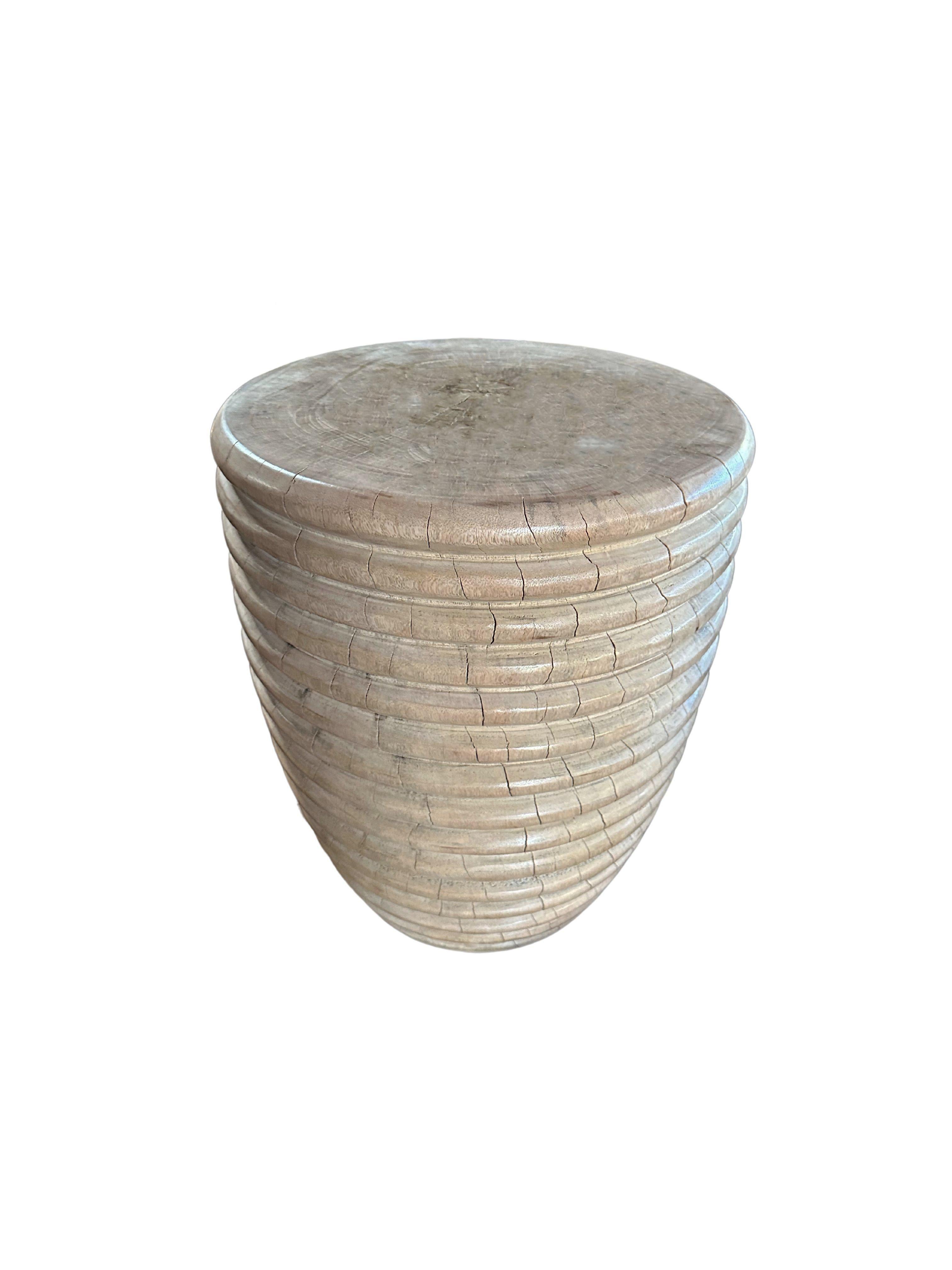 Indonesian Sculptural Side Table Solid Mango Wood with Ribbed Detailing For Sale