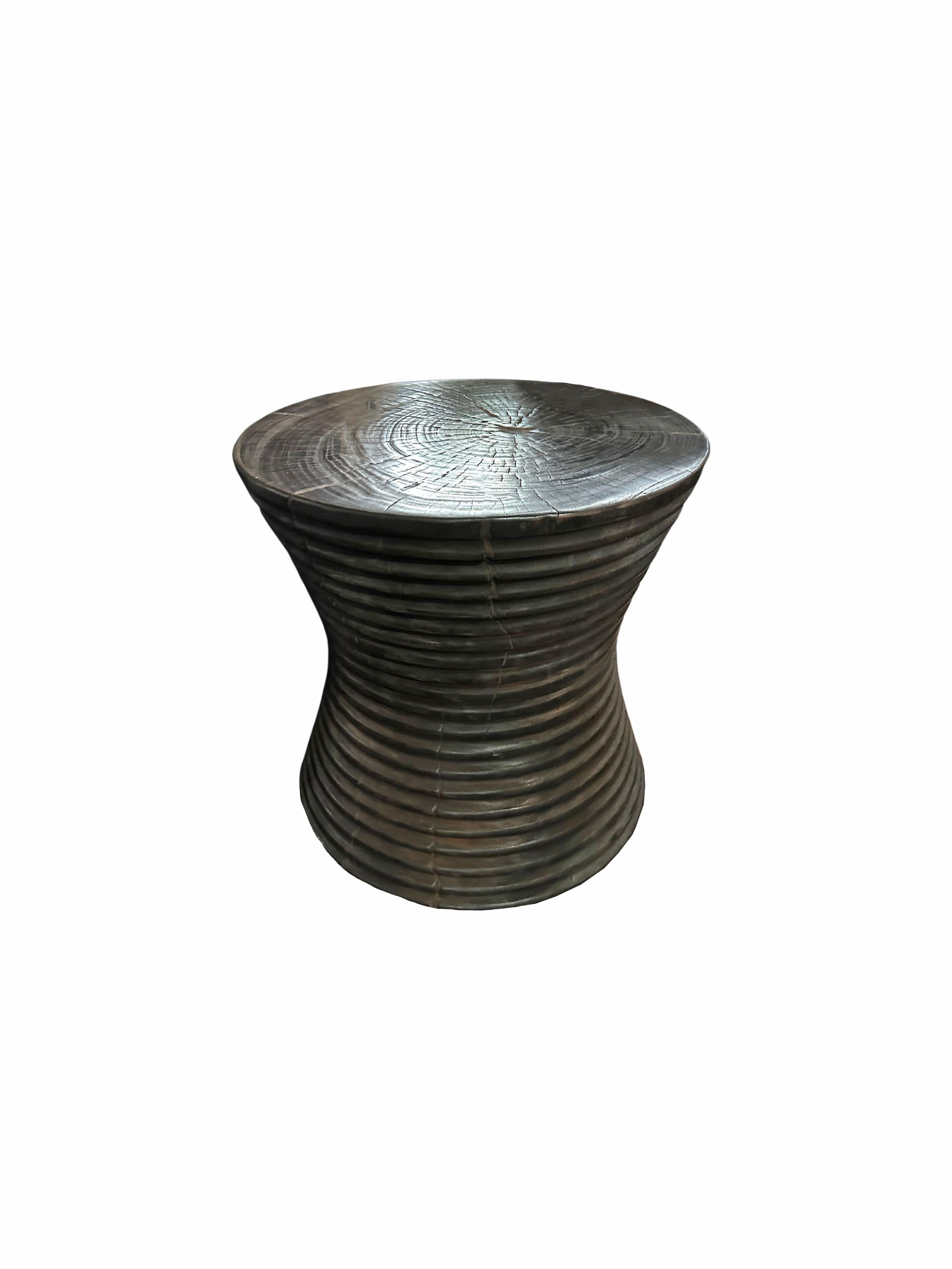 Indonesian Sculptural Side Table Solid Mango Wood with Ribbed Detailing For Sale