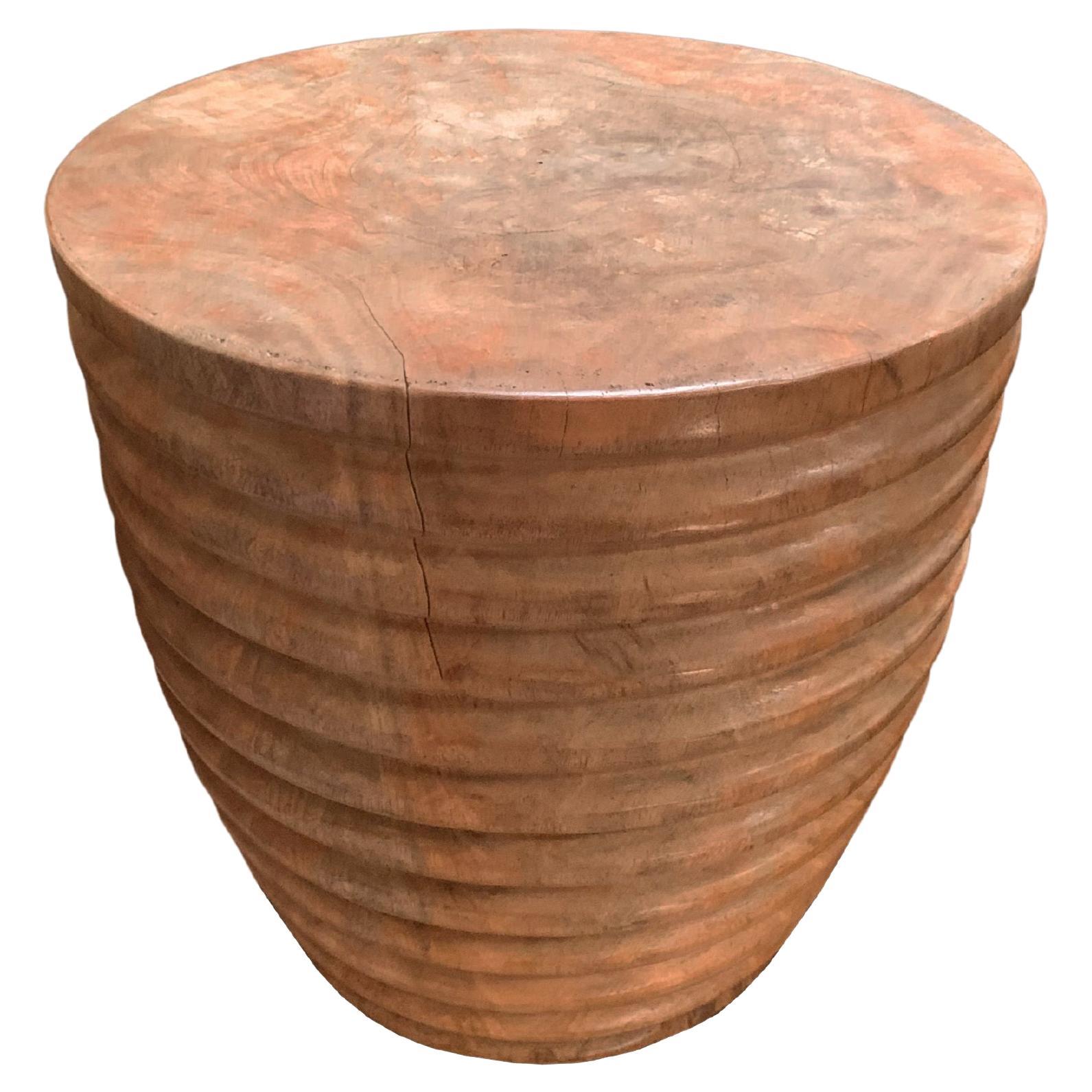 Sculptural Side Table Solid Mango Wood with Ribbed Detailing For Sale