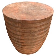 Sculptural Side Table Solid Mango Wood with Ribbed Detailing