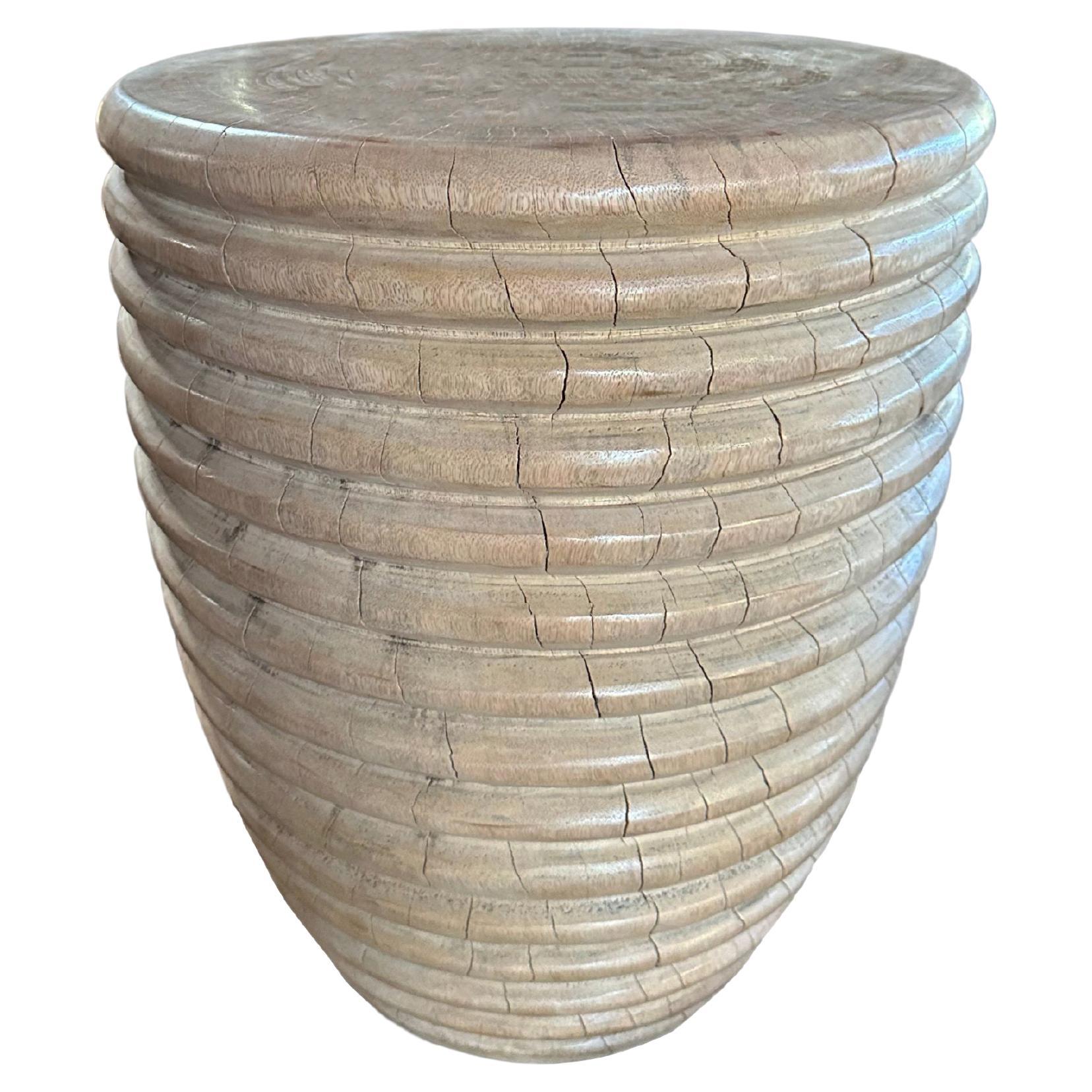 Sculptural Side Table Solid Mango Wood with Ribbed Detailing