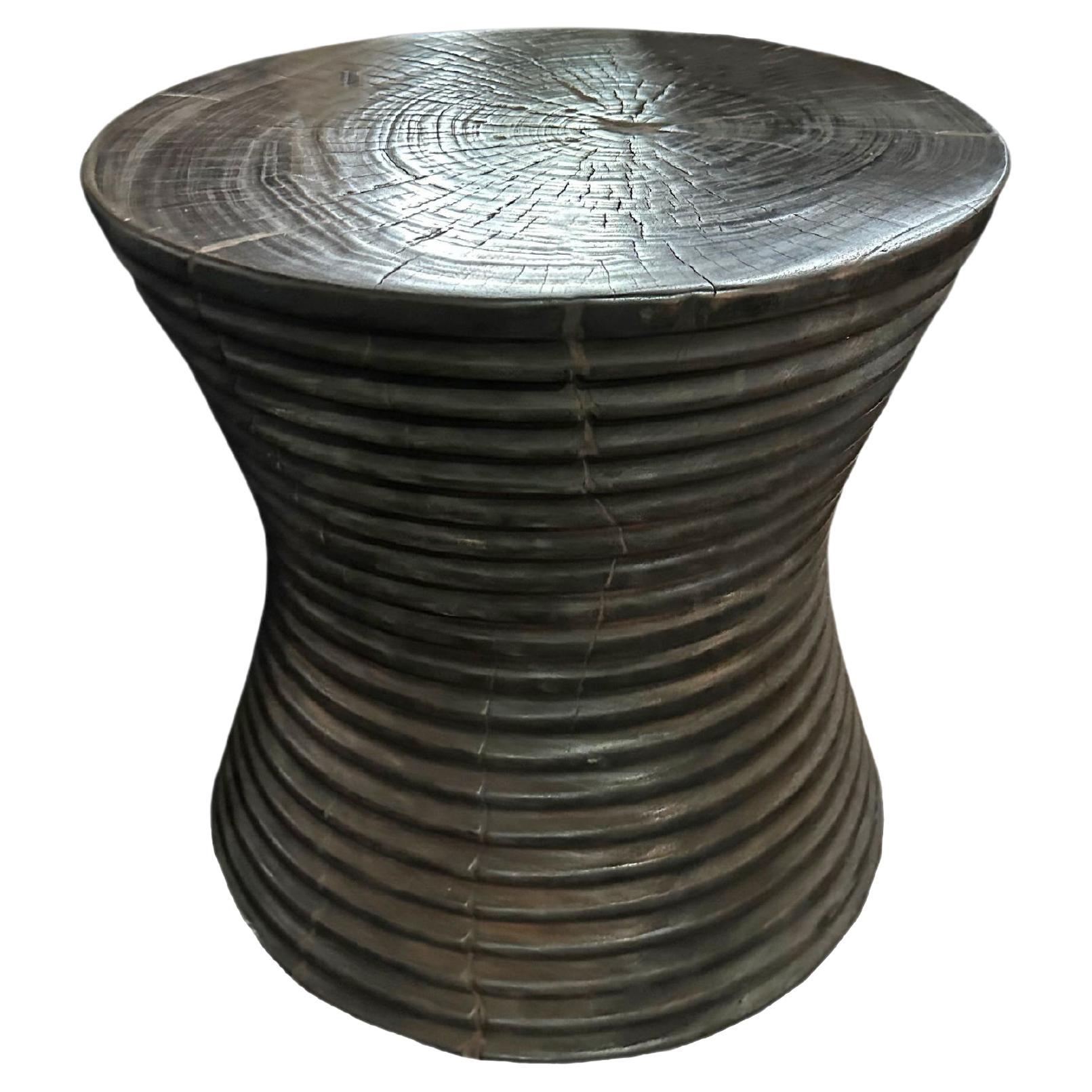 Sculptural Side Table Solid Mango Wood with Ribbed Detailing