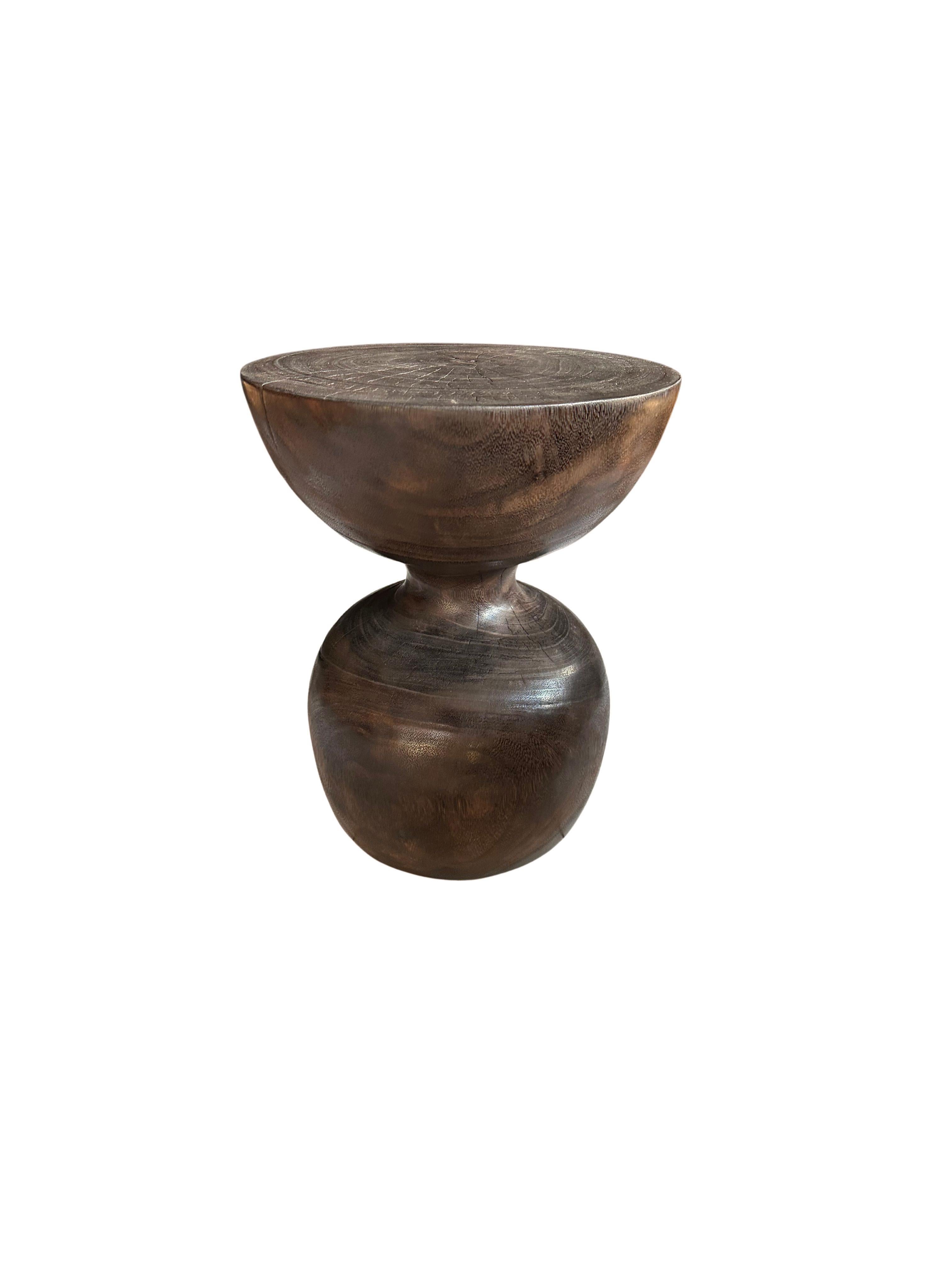 Hand-Crafted Sculptural Side Table Solid Suar Wood, Espresso Finish For Sale