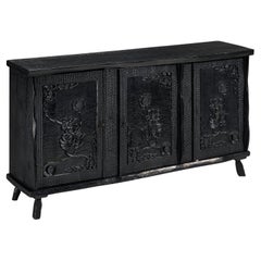 Sculptural Sideboard in Black Lacquered Wood with Decorative Carvings 