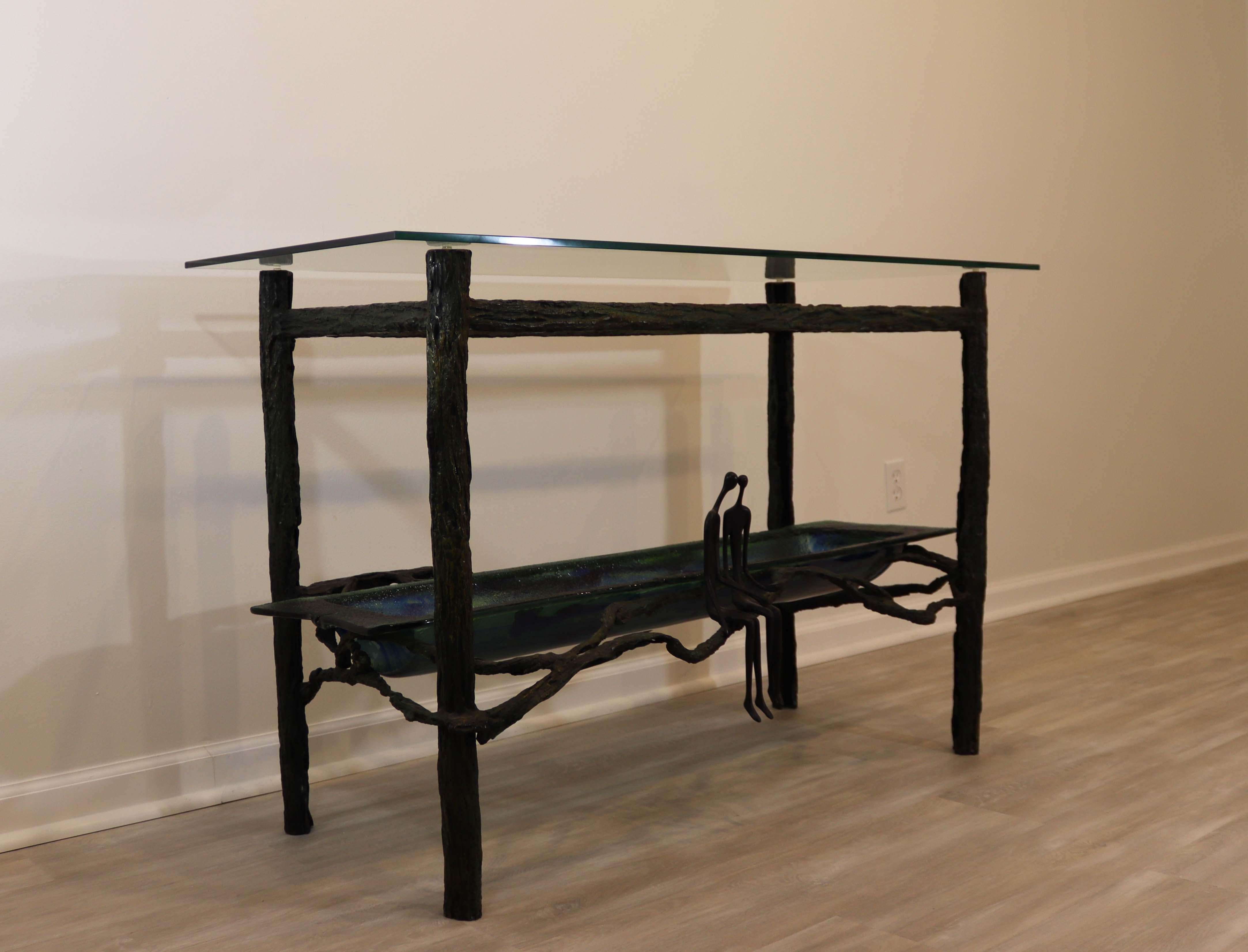Sculptural Signed Ruth Bloch Sculpture Brass & Art Glass Console Table In Good Condition In Keego Harbor, MI