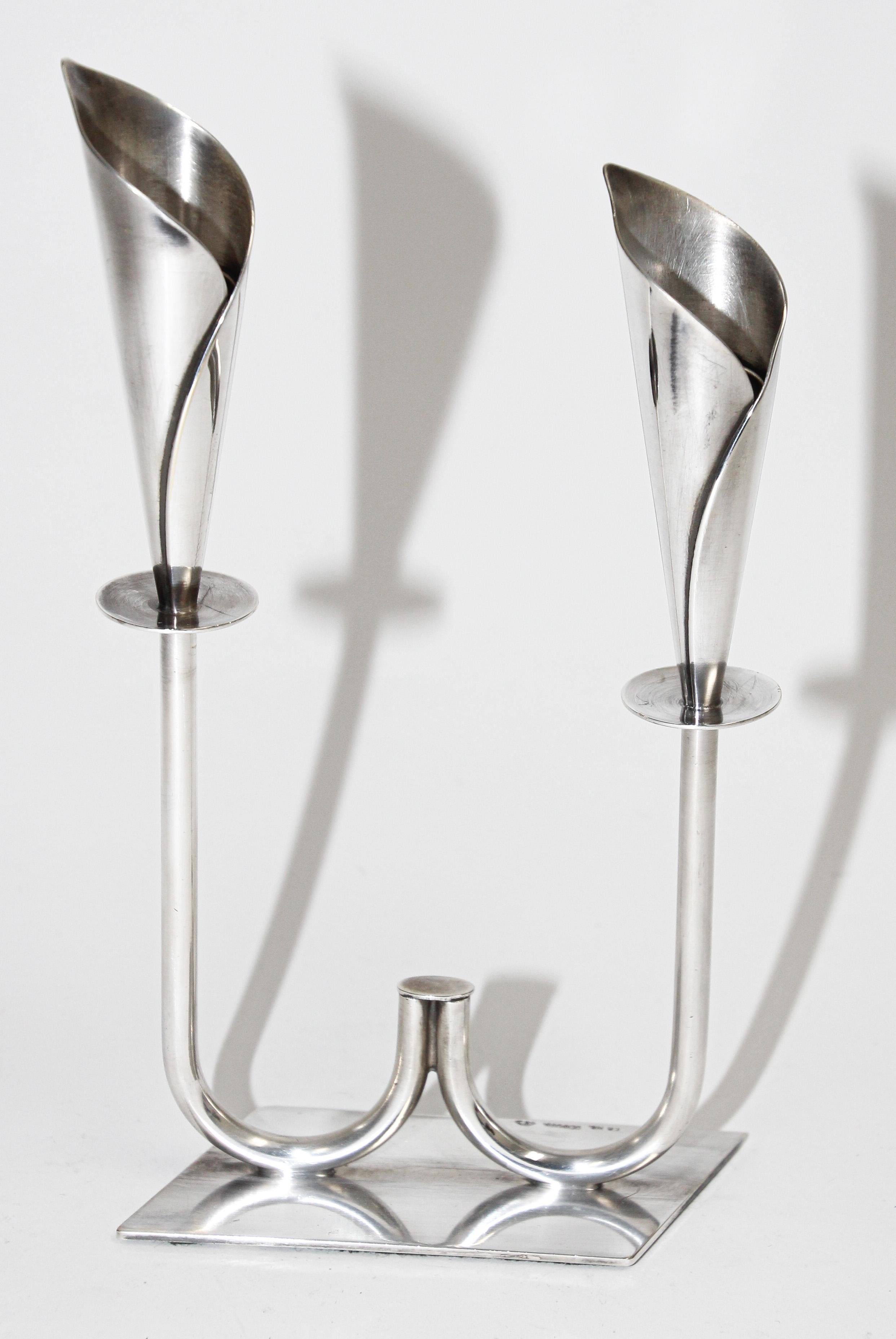 Sculptural Silver Plated Hans Jensen Calla Lily Candle Holders in Silver Plate For Sale 2