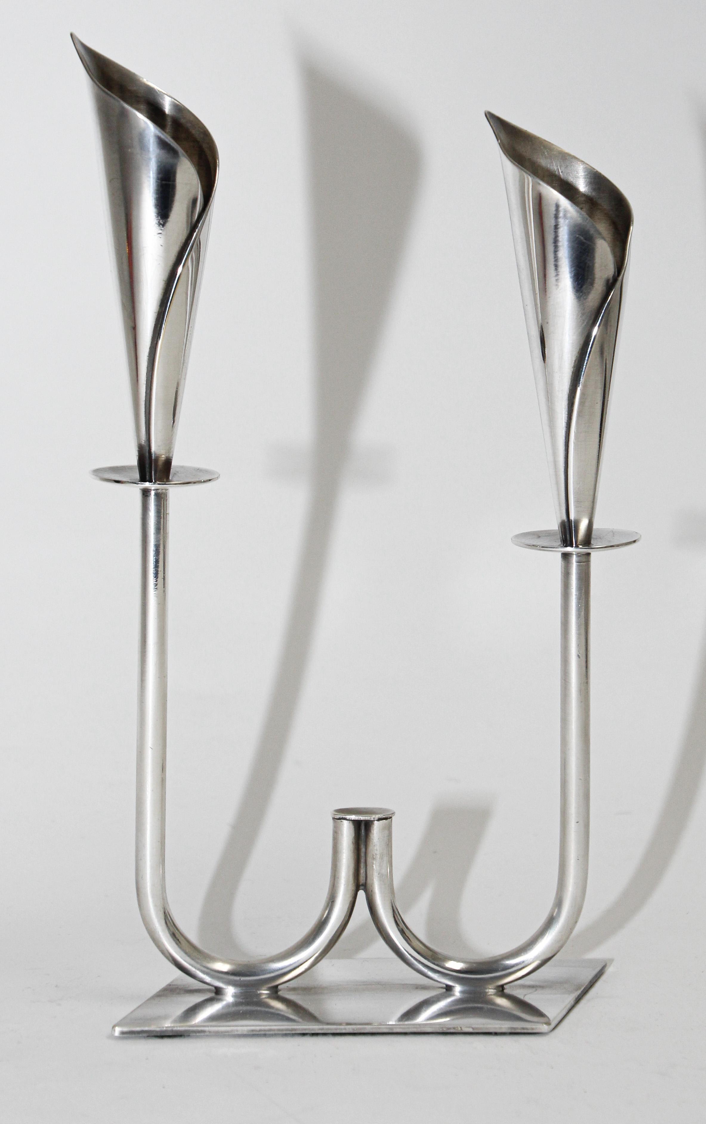 Sculptural Silver Plated Hans Jensen Calla Lily Candle Holders in Silver Plate For Sale 3