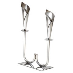 Retro Sculptural Silver Plated Hans Jensen Calla Lily Candle Holders in Silver Plate