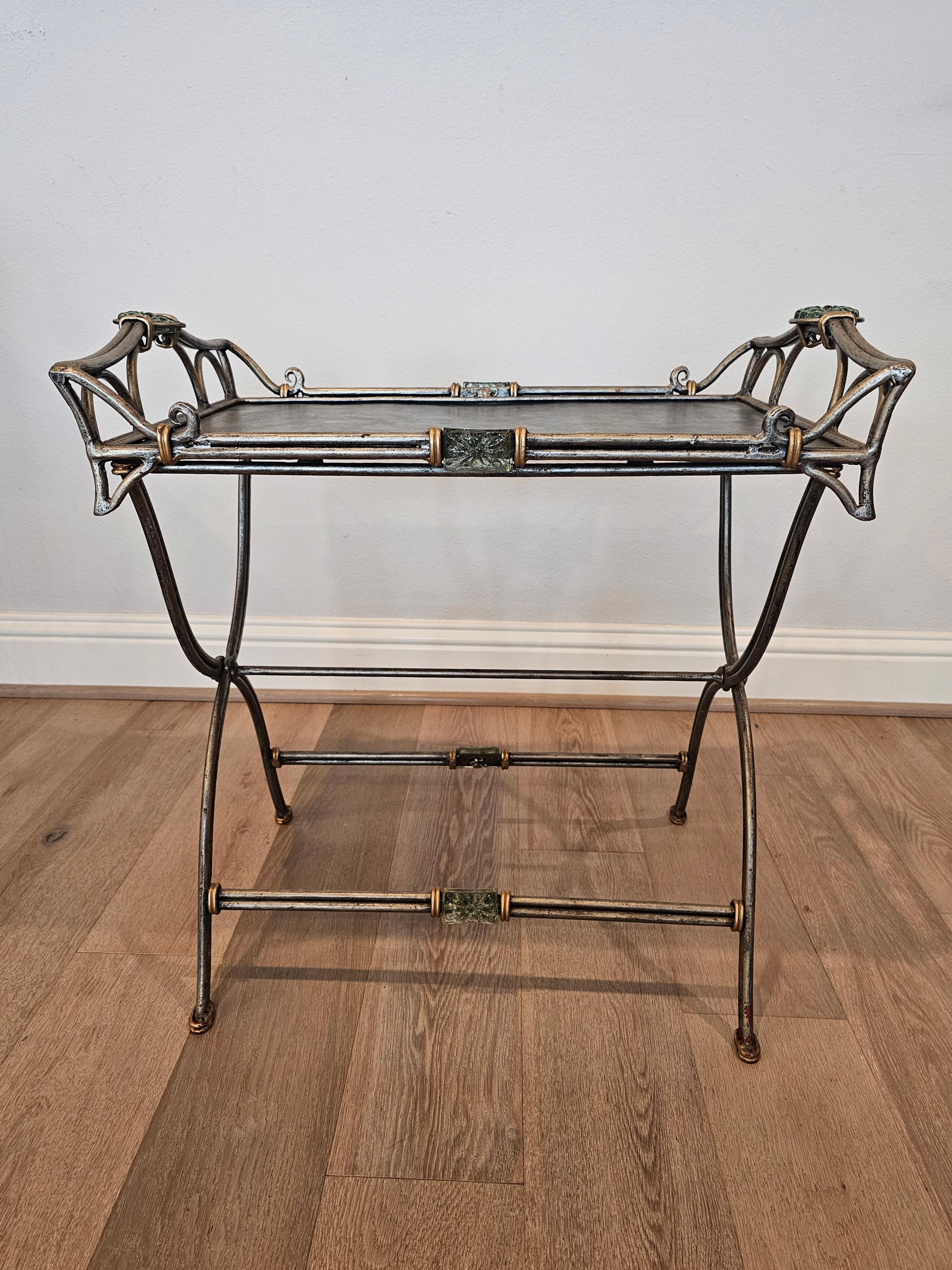 A rare and a bit unusual vintage silver and gold tone metal service table with decorative blue glass medallions, 20th century. 

Exceptionally executed modern contemporary sculptural form, featuring high-quality silvered wrought iron style metal