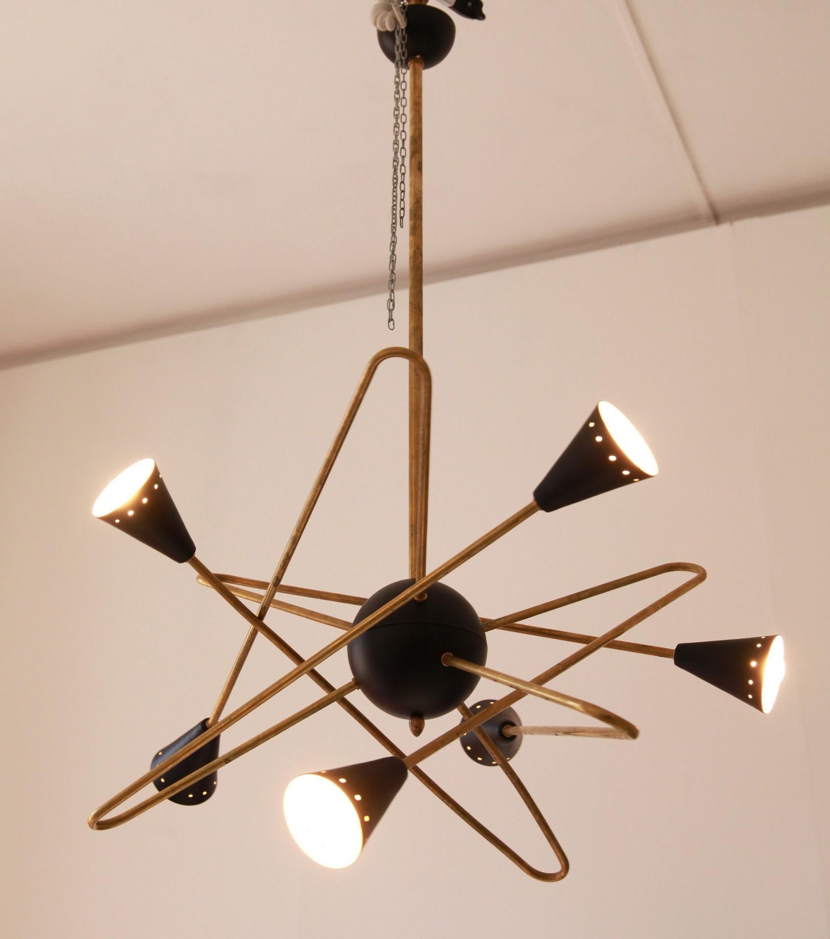 Sculptural Six Arms Brass Chandelier, Black Shades, Stilnovo Stile 4