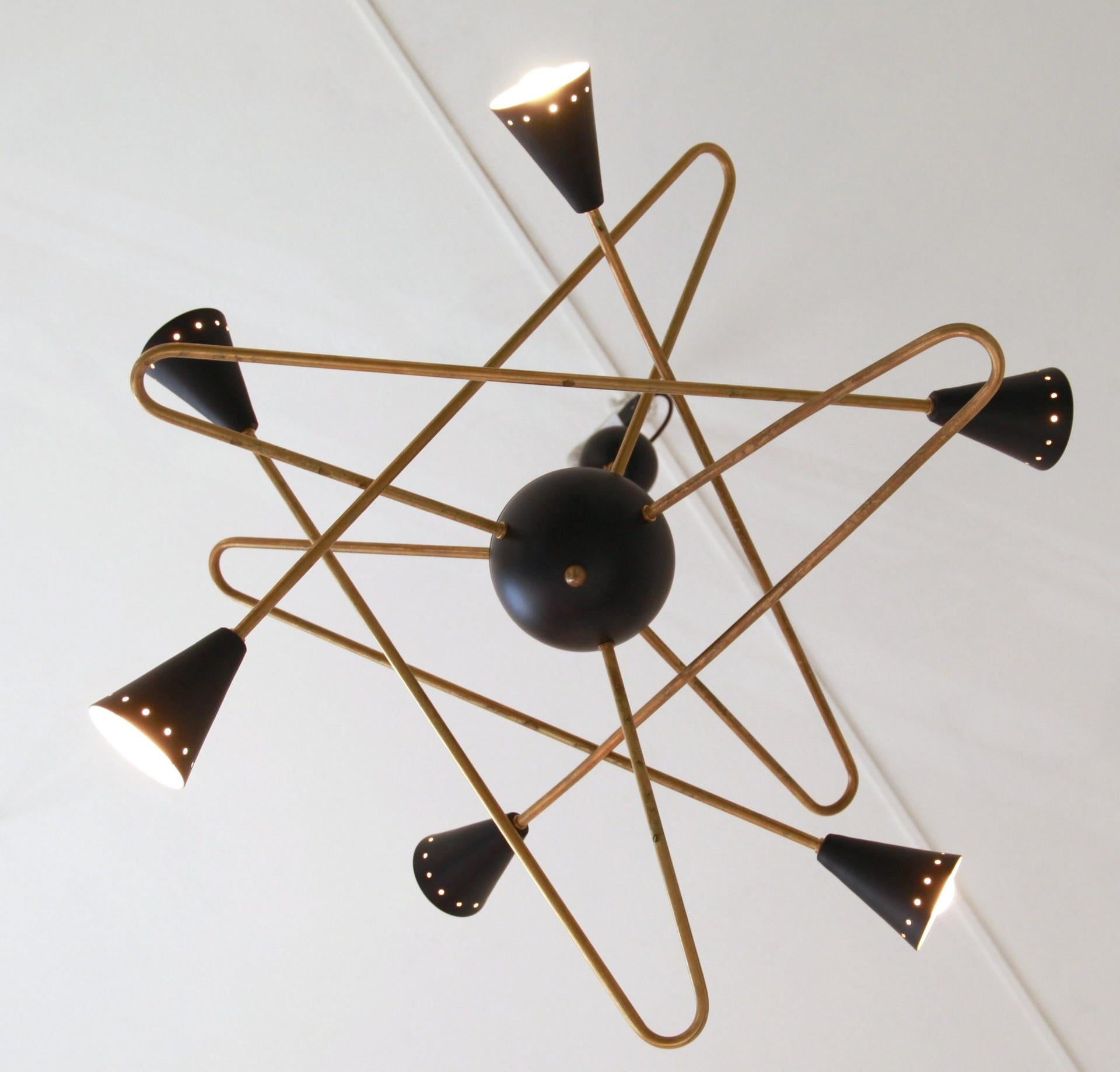 Sculptural Six Arms Brass Chandelier, Black Shades, Stilnovo Stile 7