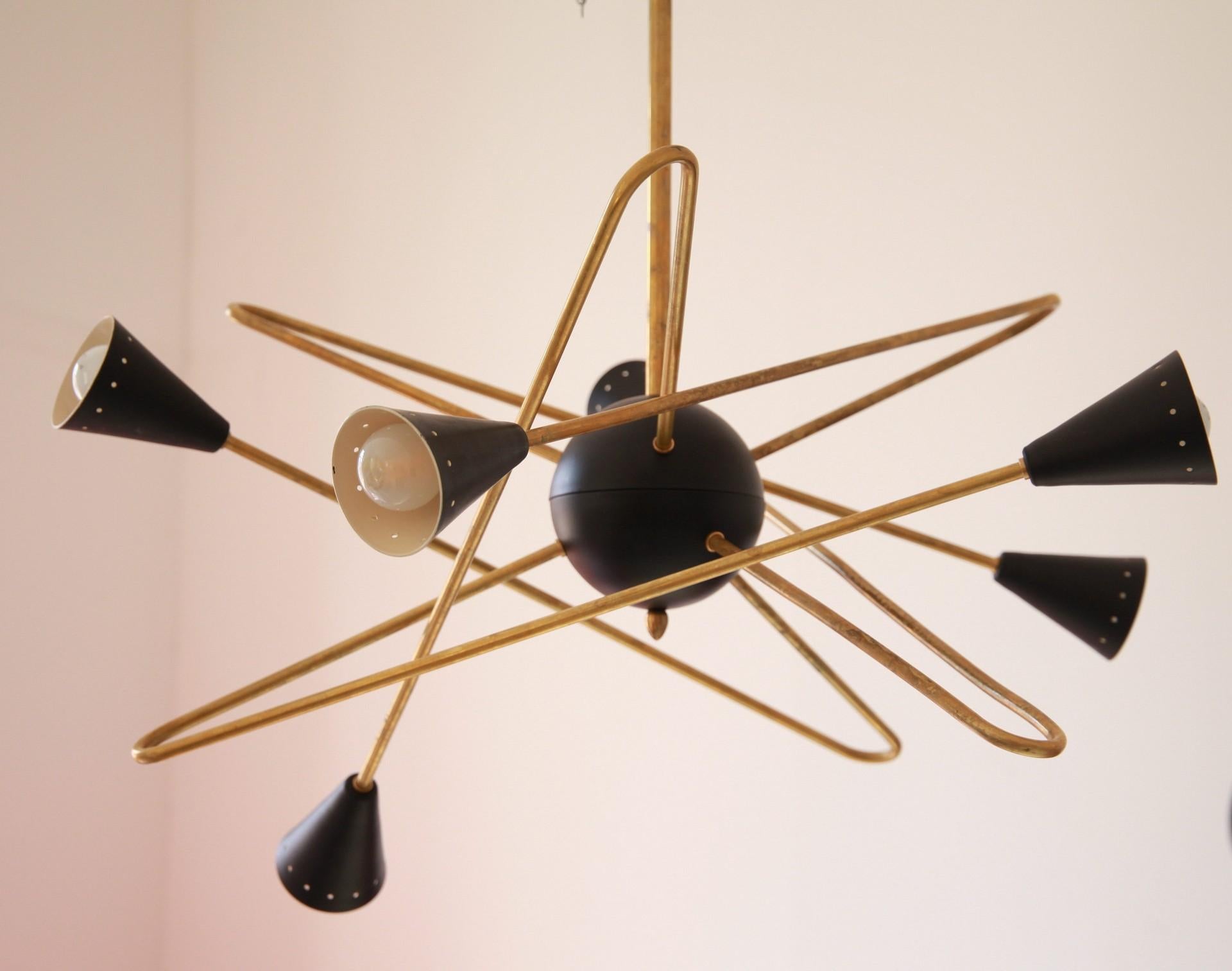 Sculptural Six Arms Brass Chandelier, Black Shades, Stilnovo Stile 8