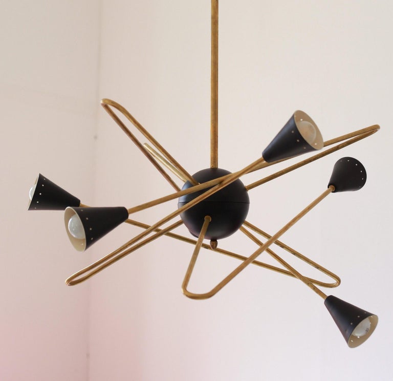 Lustre Spoutnik Laiton Style Stilnovo – 6 Bras 12 Lumières – Mid-Century Moderne