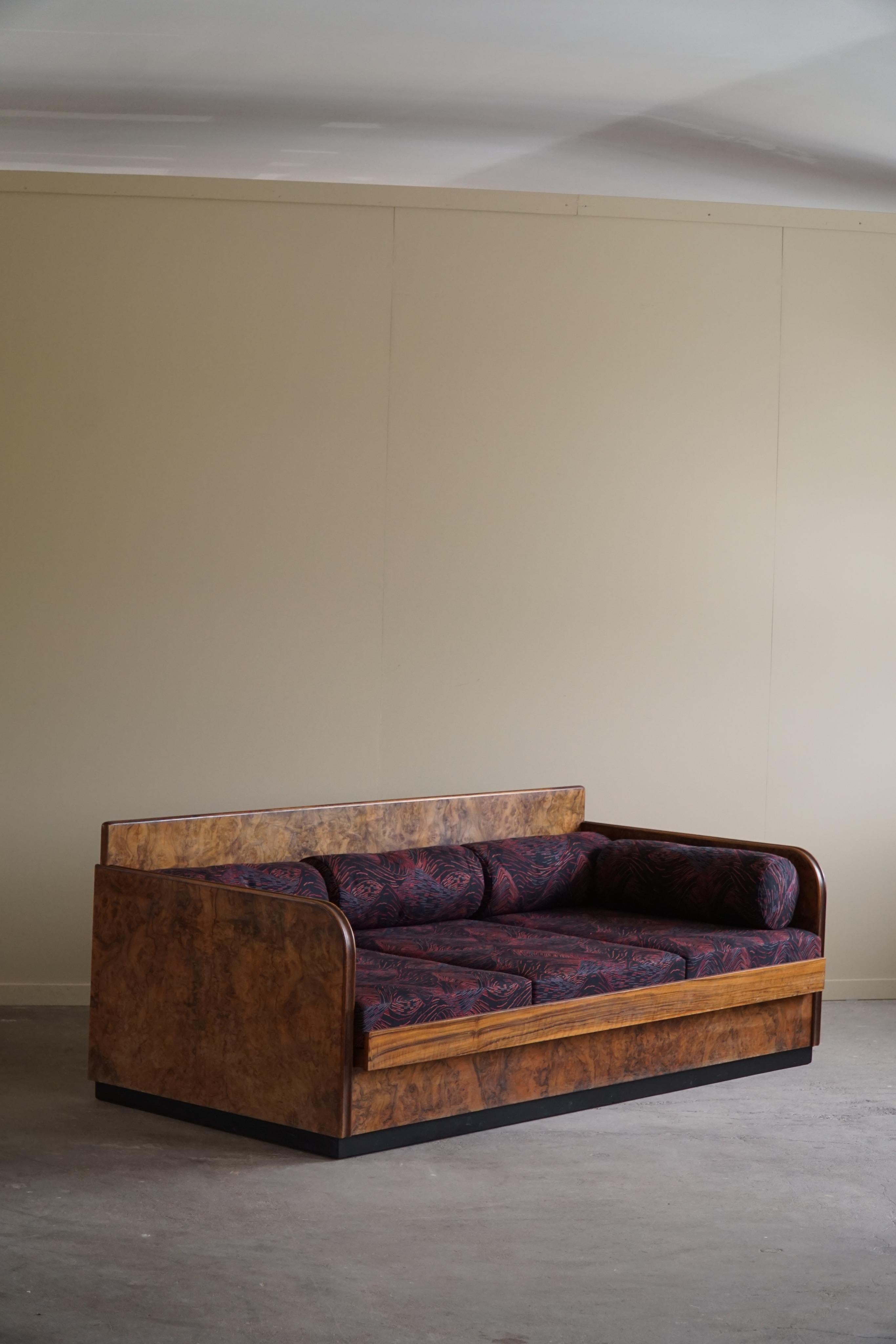 Danish Sculptural Sofa in Nutwood & Burl, Art Deco, Swedish Cabinetmaker, 1940s For Sale