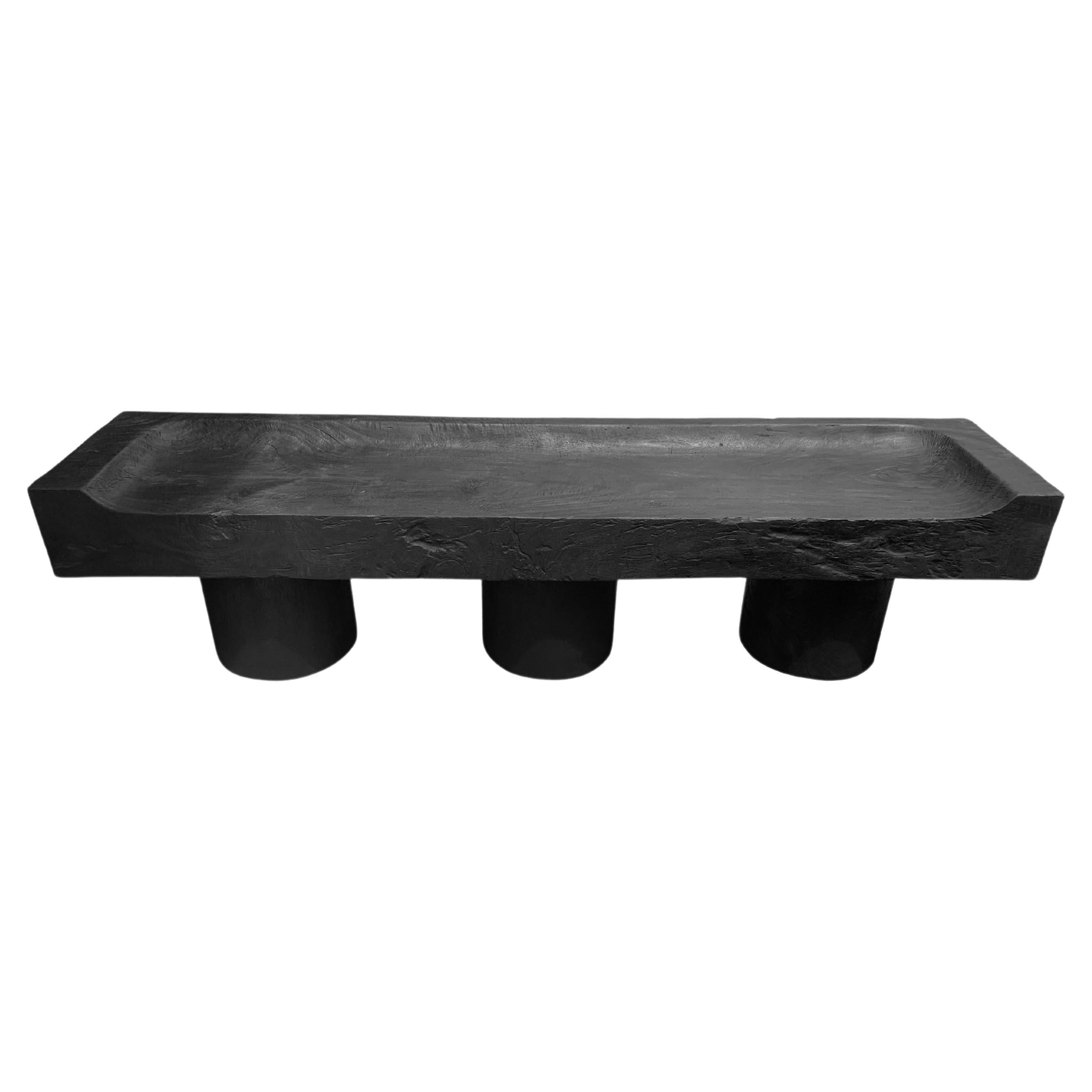 Sculptural Solid Mango Wood Bench Modern Organic, Burnt Finish