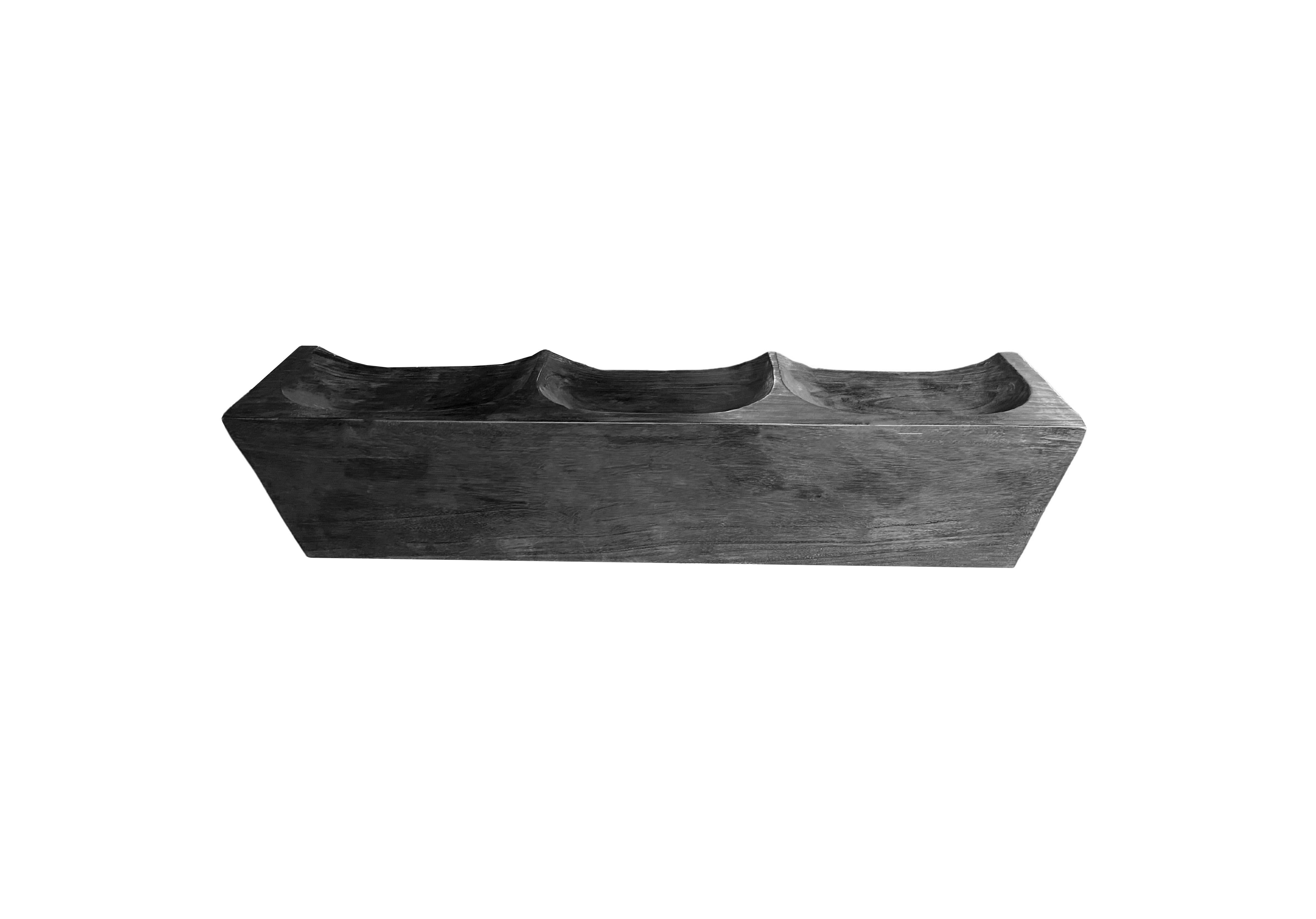 Hand-Carved Sculptural Solid Mango Wood Bench with Burnt Finish Modern Organic For Sale