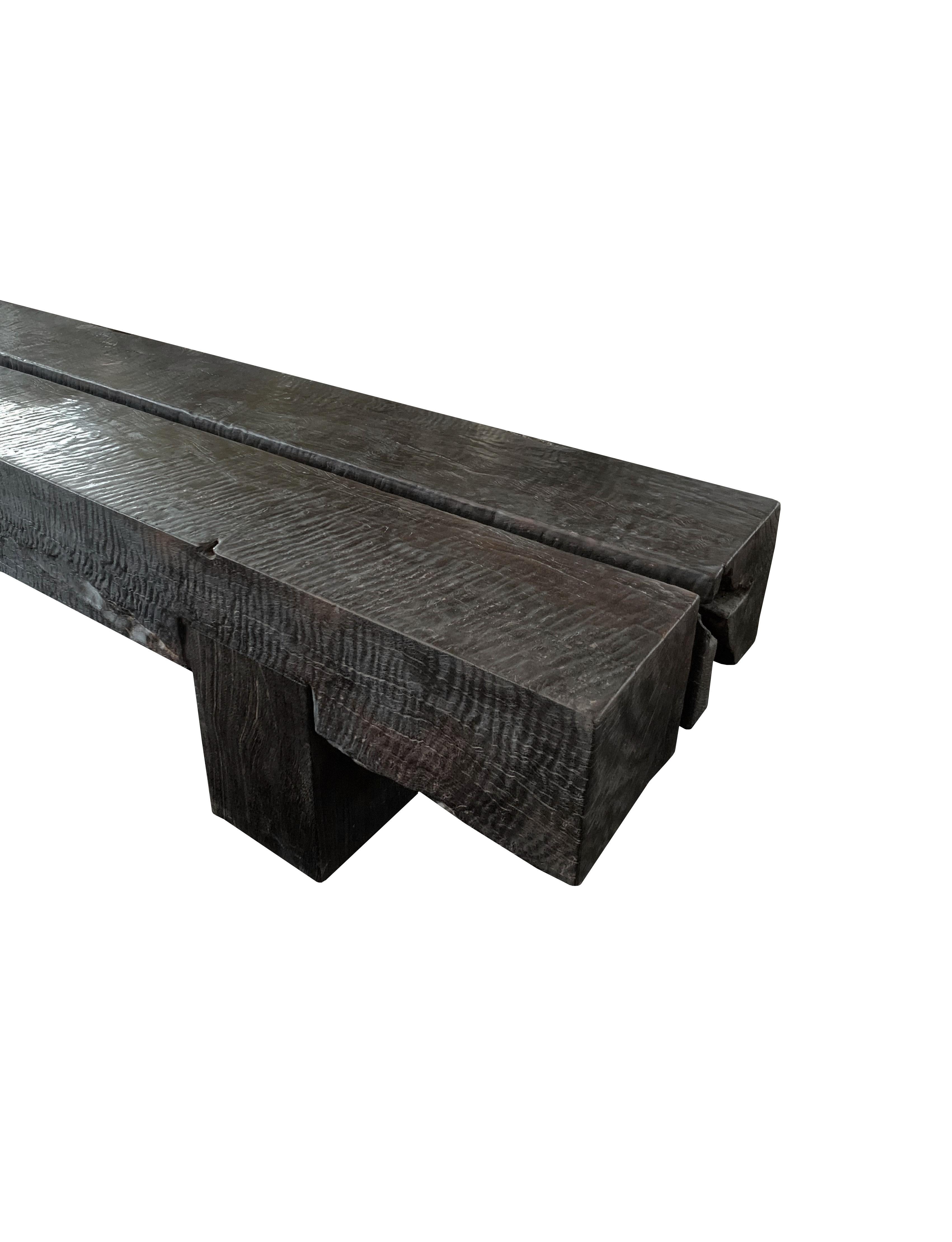 Other Sculptural Solid Mango Wood Bench with Burnt Finish Modern Organic For Sale