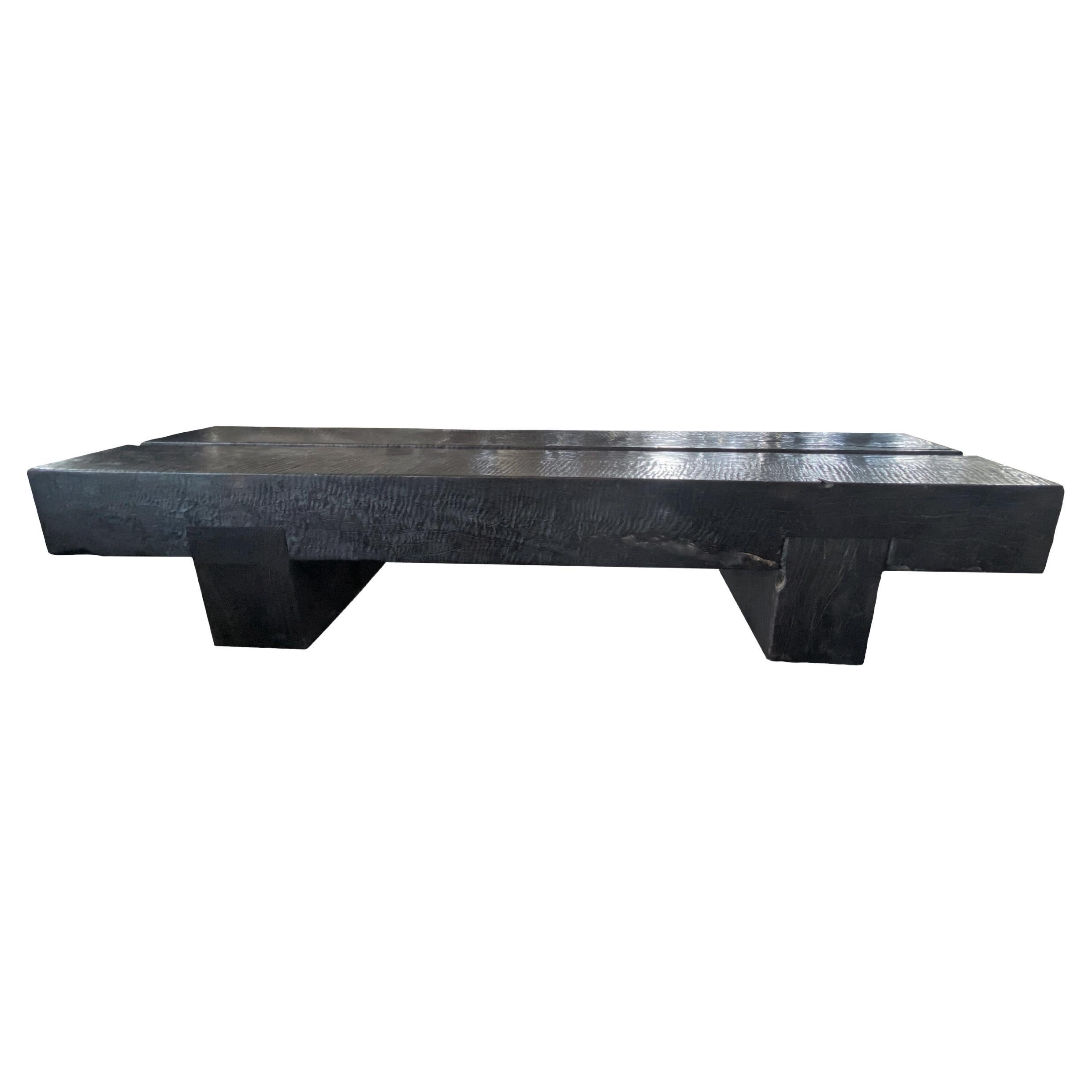 Sculptural Solid Mango Wood Bench with Burnt Finish Modern Organic