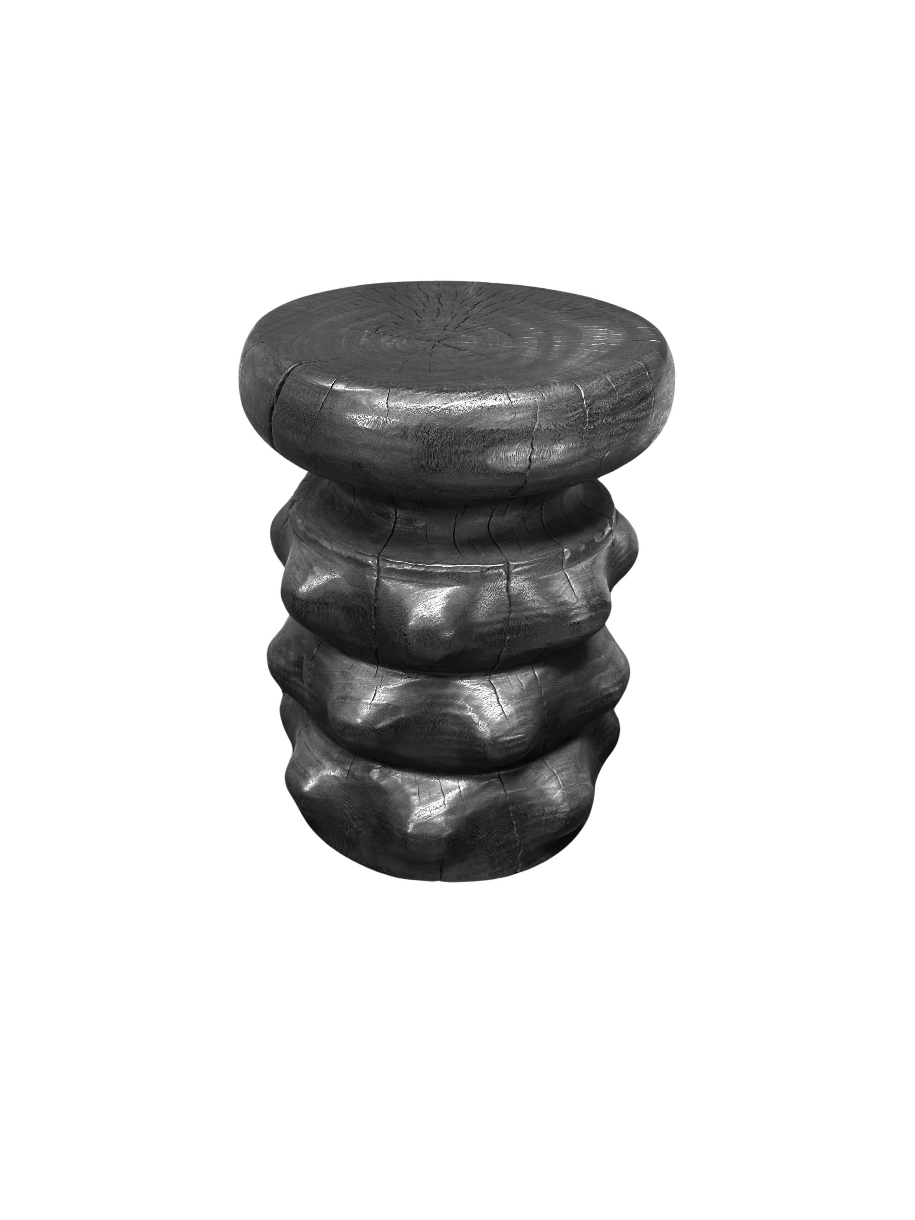 Organic Modern Sculptural Solid Mango Wood Round Side Table Modern Organic, Burnt Finish For Sale
