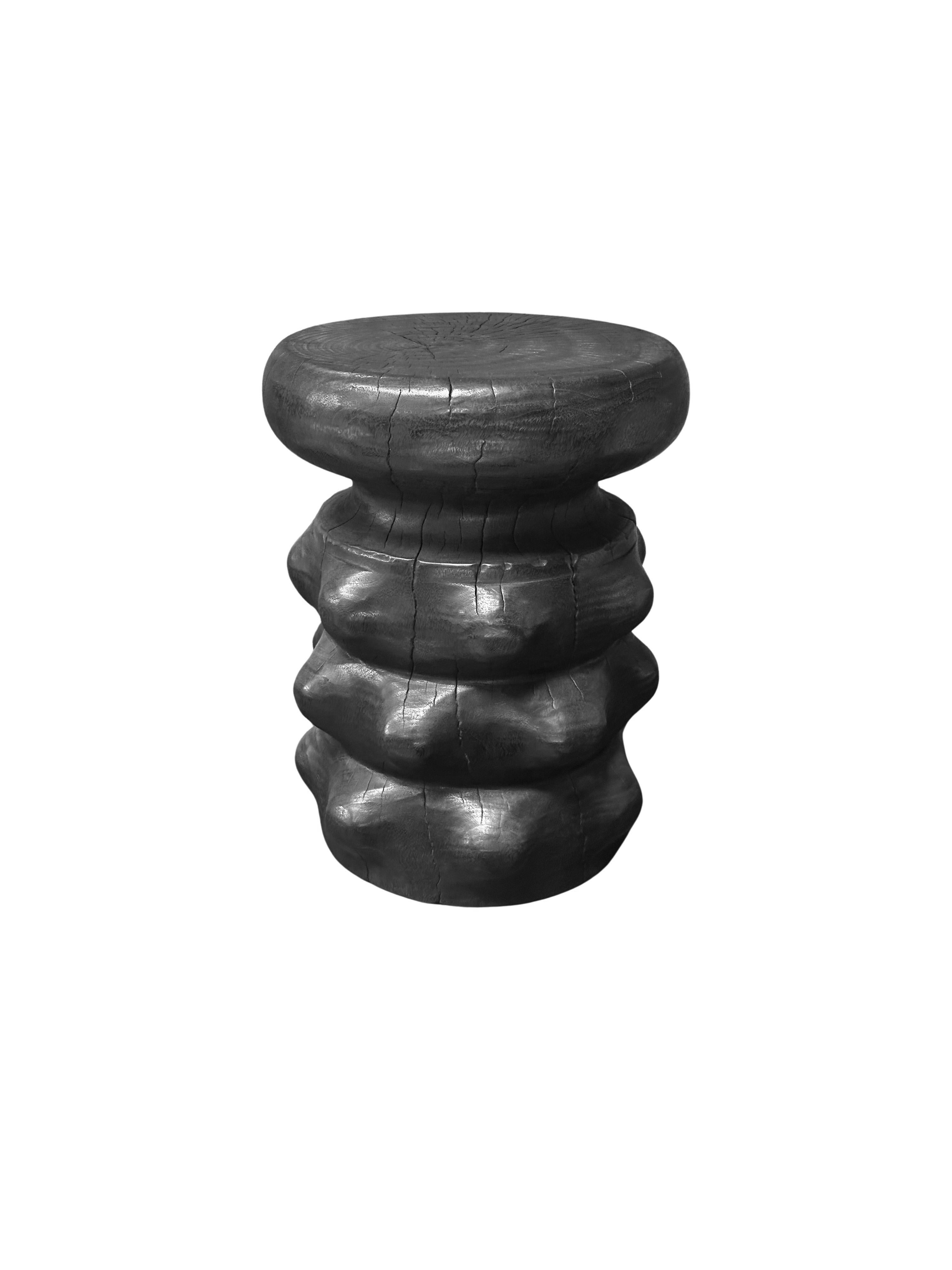 Indonesian Sculptural Solid Mango Wood Round Side Table Modern Organic, Burnt Finish For Sale